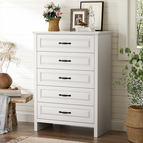 Marsail 5-Drawer Farmhouse Dresser, Solid Wood Storage Space, Sturdy Tall Chest with Smooth Glide Drawers & Anti-Slip Kit, for Bedroom or Hallway, White
