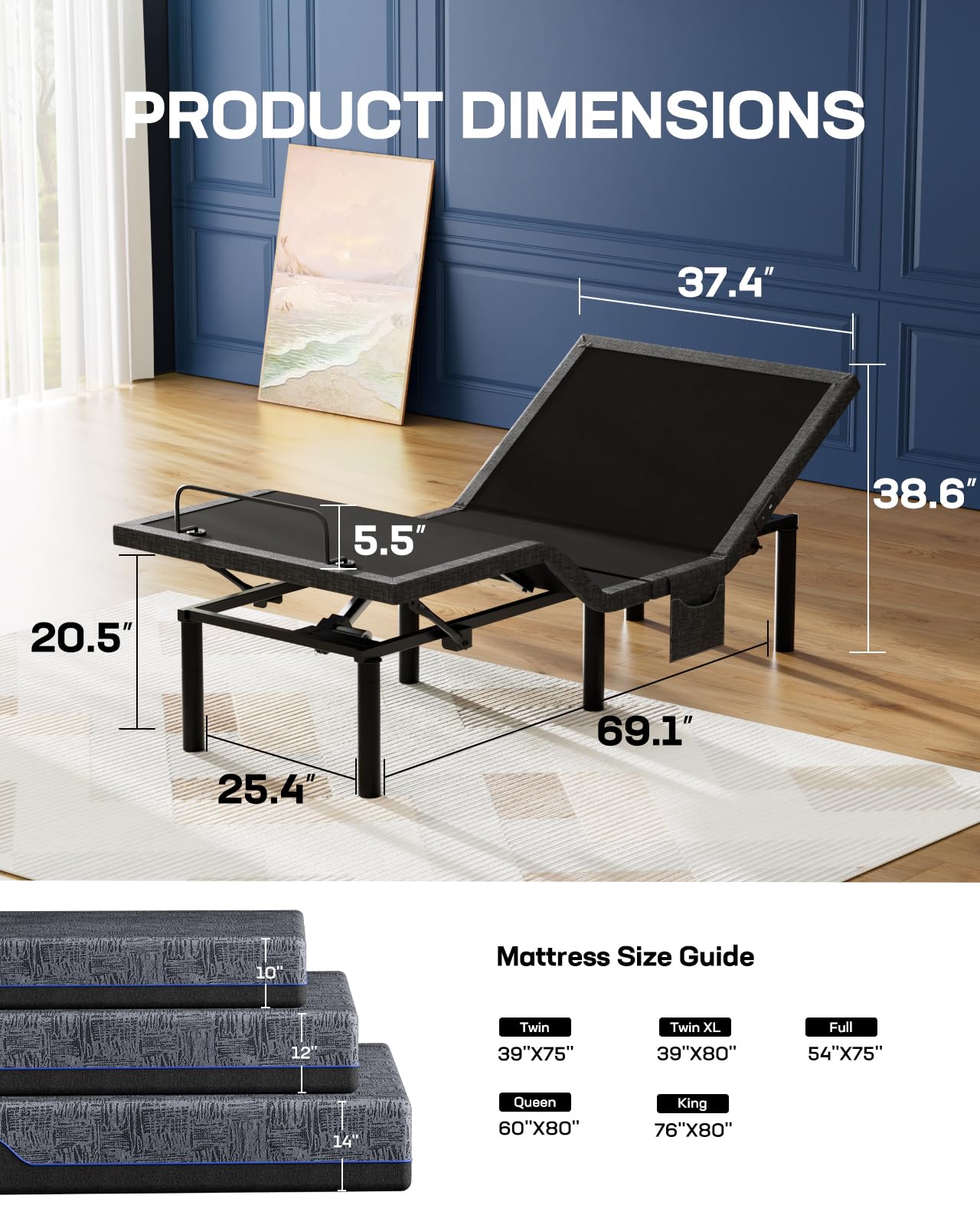 Marsail NS0 Twin XL Adjustable Bed Base - Smart Dual Motor Bed Frame with Wireless Remote, 3-Min Assembly, Zero Gravity & Anti-Snore Modes, Under Bed Lighting, 4 USB Ports