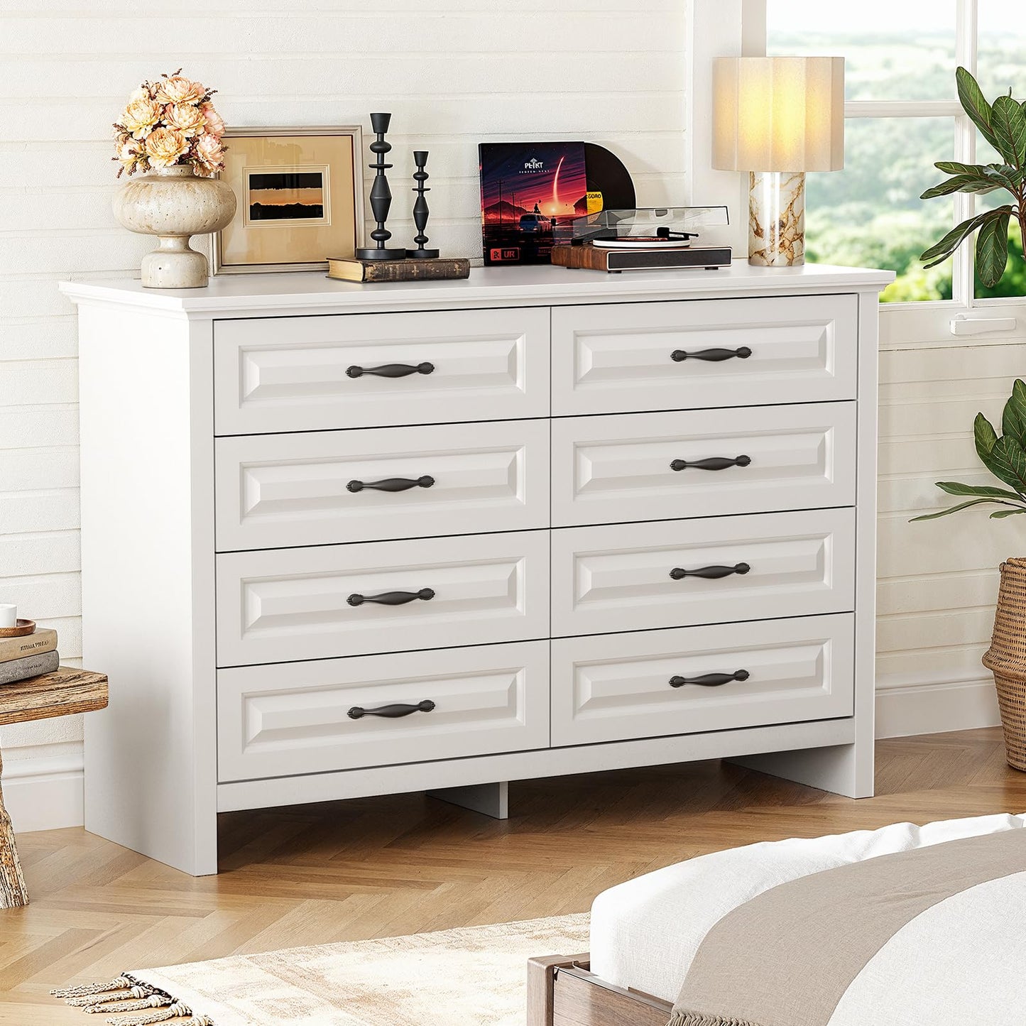 Marsail 8-Drawer Farmhouse Dresser, Solid Wood Storage Space, Sturdy Wide Chest with Smooth Glide Drawers & Anti-Slip Kit, for Bedroom or Hallway, White