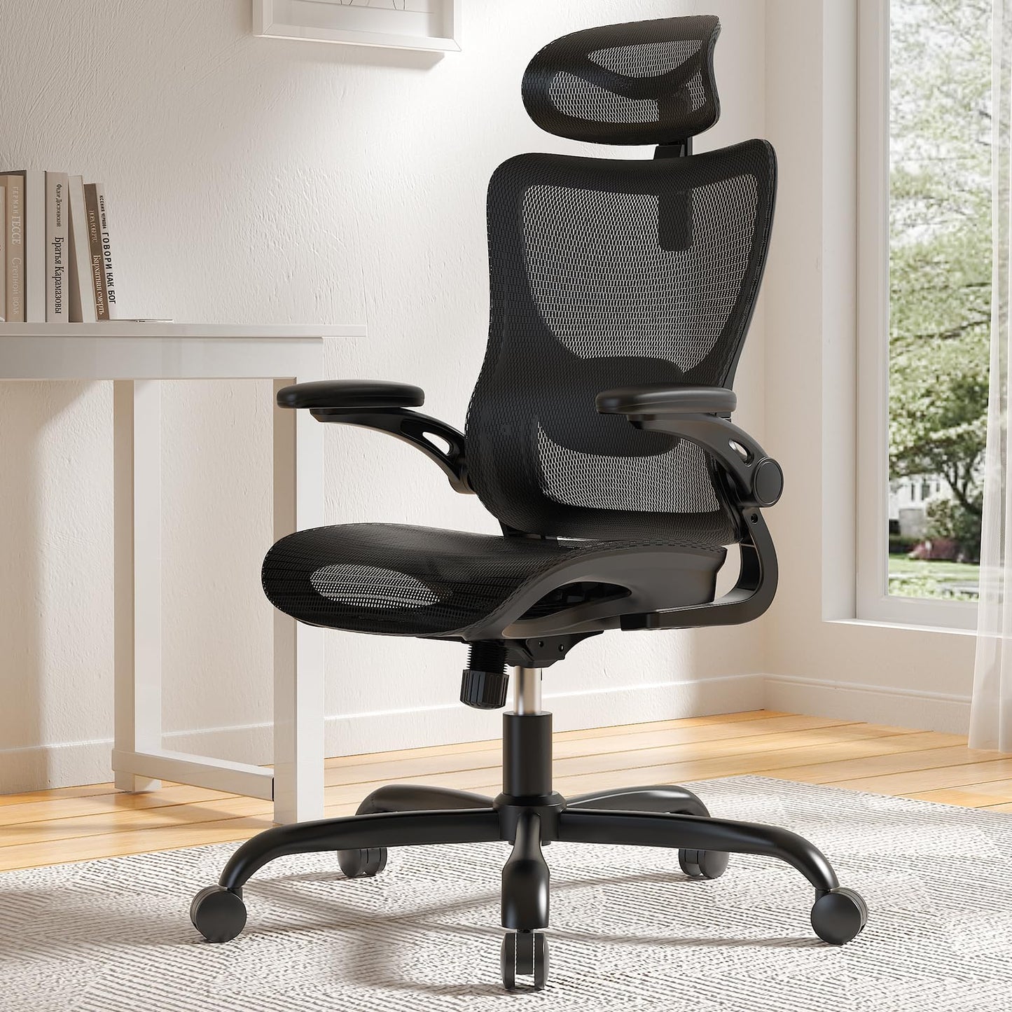 Marsail Ergonomic Mesh Office Chair High Back Home Office Desk Chair with Adaptive Lumbar Support, 2D Headrest, 3D Flip-Up Armrests, Height Adjustable and Rocking Tilt for Home Office and Gaming