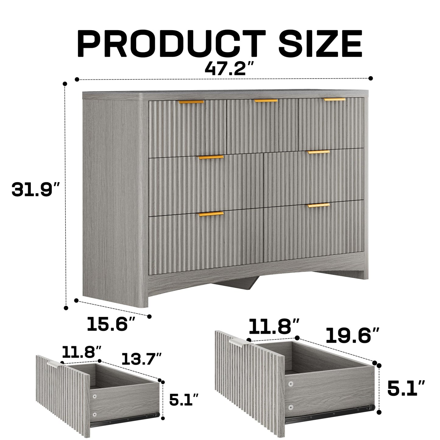 Marsail Fluted 7-Drawer Wide Wooden Dresser, Smooth Gliding Drawers & Large Capacity Storage Space, Modern Organizer Cabinet for Bedroom or Hallway, Light Grey