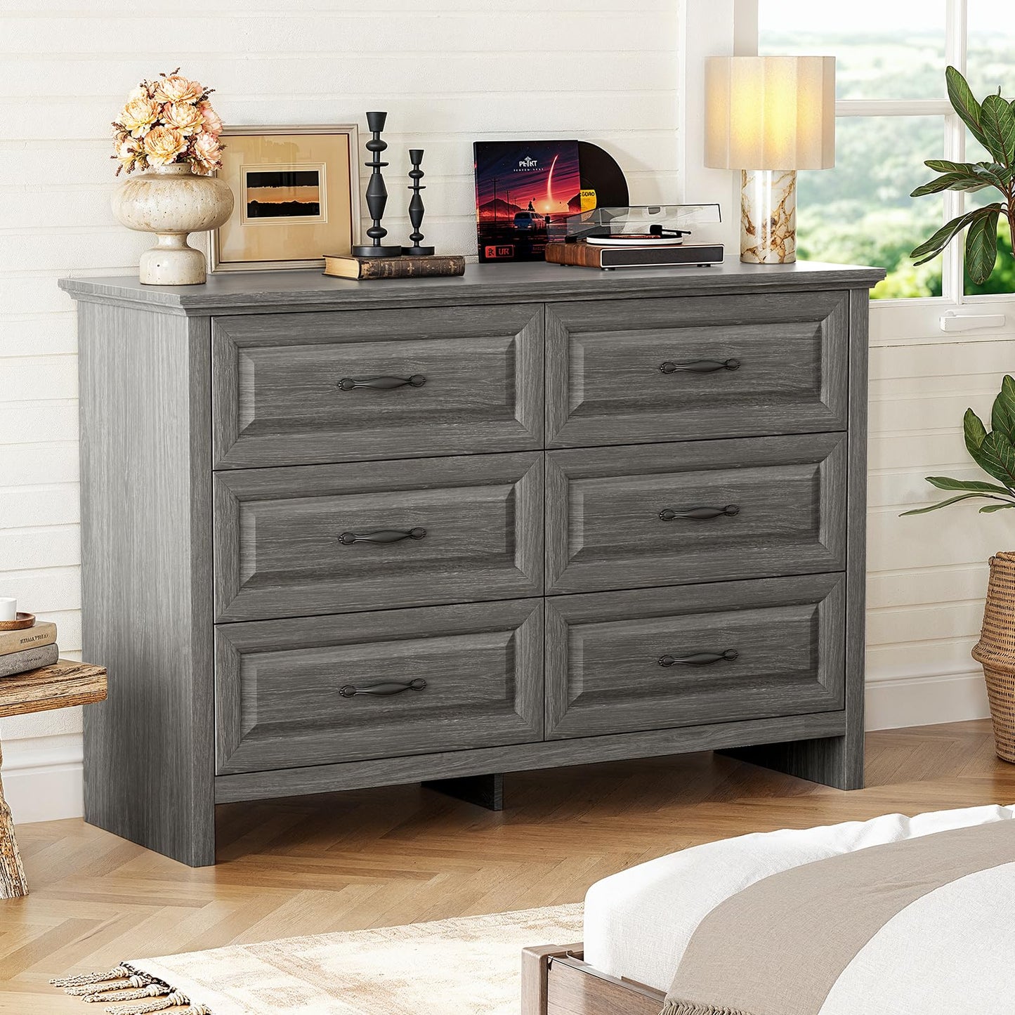 Marsail 6-Drawer Farmhouse Dresser, Solid Wood Storage Space, Sturdy Wide Chest with Smooth Glide Drawers & Anti-Slip Kit, for Bedroom or Hallway, Dark Grey