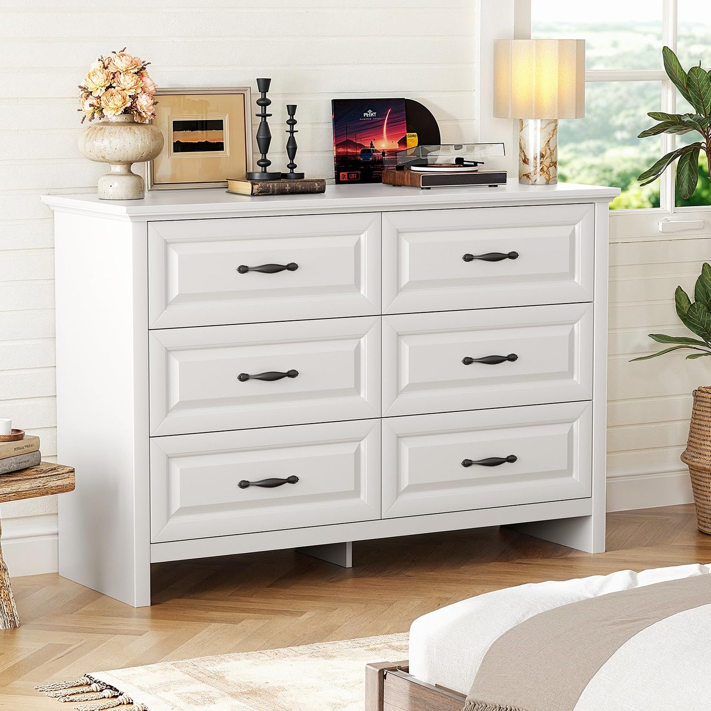Marsail 6-Drawer Farmhouse Dresser, Solid Wood Storage Space, Sturdy Wide Chest with Smooth Glide Drawers & Anti-Slip Kit, for Bedroom or Hallway, White
