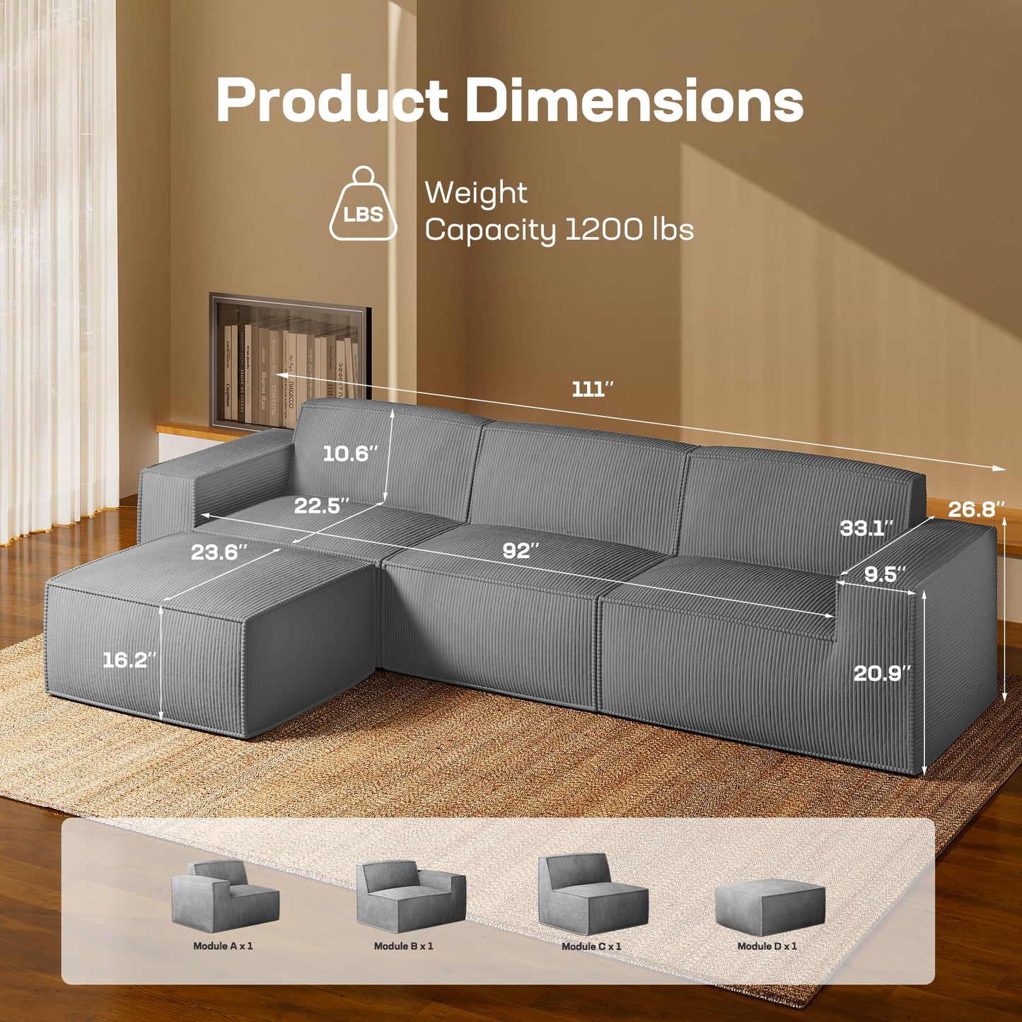 Marsail Modular Sectional Sofa, 111" L-Shaped Modular Sectional Couch with Deep Seat, Freely Combinable Sectional Clound Sofa for Living Room, No Assembly, Plush Corduroy Fabric, Grey