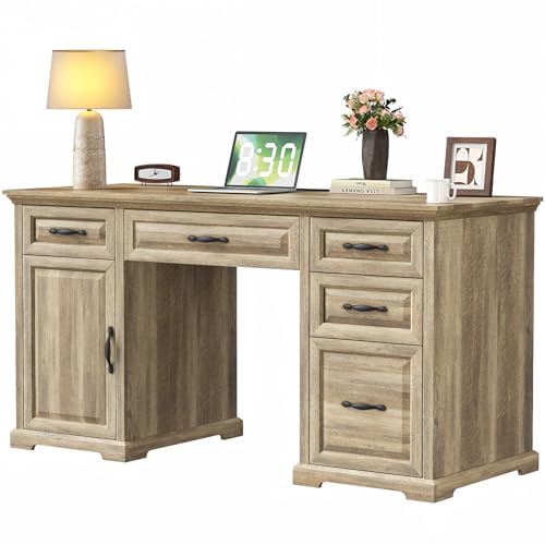 Marsail 60″ Farmhouse Executive Desk, Home Office Desk with Storage Cabinet, Charging Station, Adjustable Shelf, and File Drawer, Rustic Computer Writing Desk for Work & Study, Natural