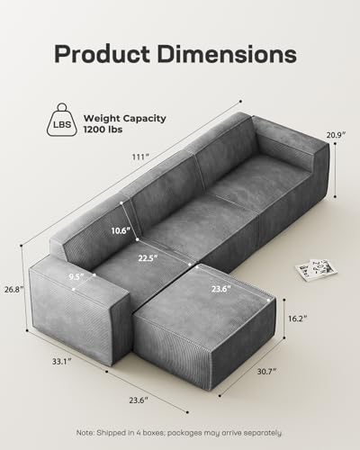 Marsail Modular Sofa, Corduroy Cloud Couches with Deep Seats and High-Back Design, Modular Sectional Sofa for Living Room
