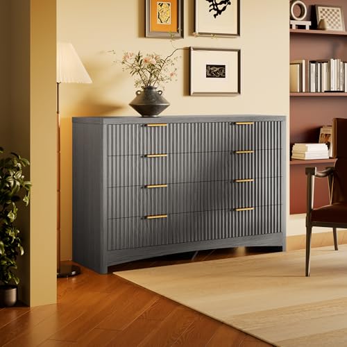 Marsail Fluted 8-Drawer Wide Wooden Dresser, Smooth Gliding Drawers & Large Capacity Storage Space, Modern Organizer Cabinet for Bedroom or Hallway, Light Grey