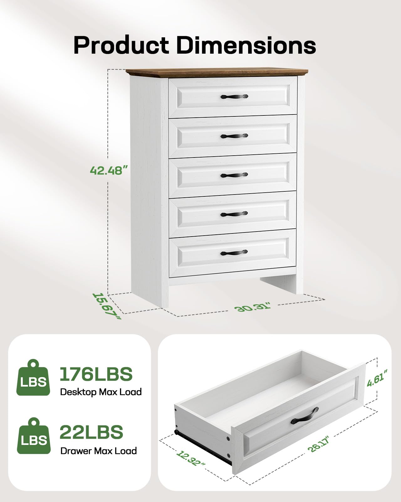 Marsail 5 Drawer Dresser for Bedroom, Modern Farmhouse Wood Wide Chest of Drawers, Storage Dressers Organizer with Anti-Slip Kit for Living Room, Bedroom & Hallway, Wood White