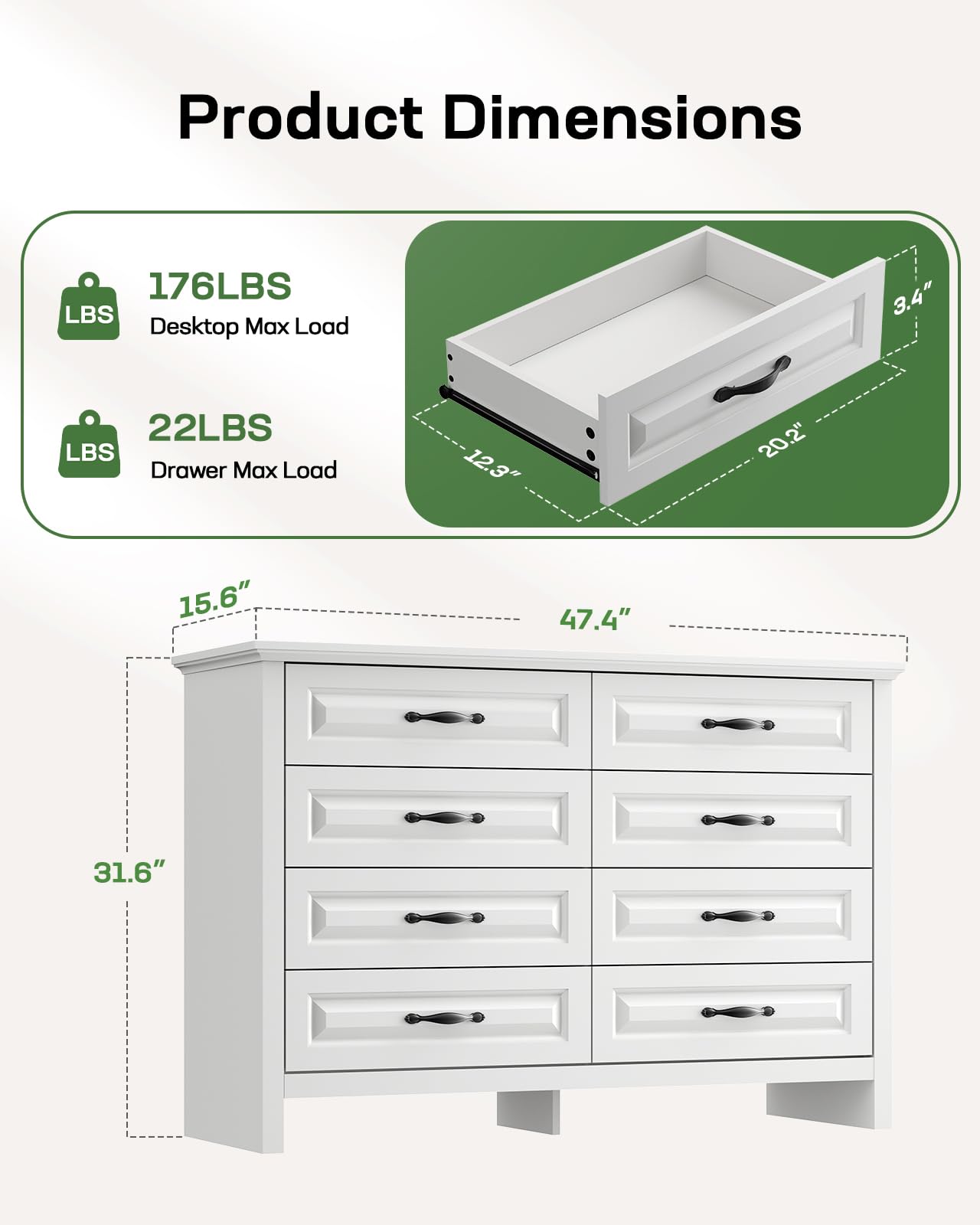 Marsail 8-Drawer Farmhouse Dresser, Solid Wood Storage Space, Sturdy Wide Chest with Smooth Glide Drawers & Anti-Slip Kit, for Bedroom or Hallway, White