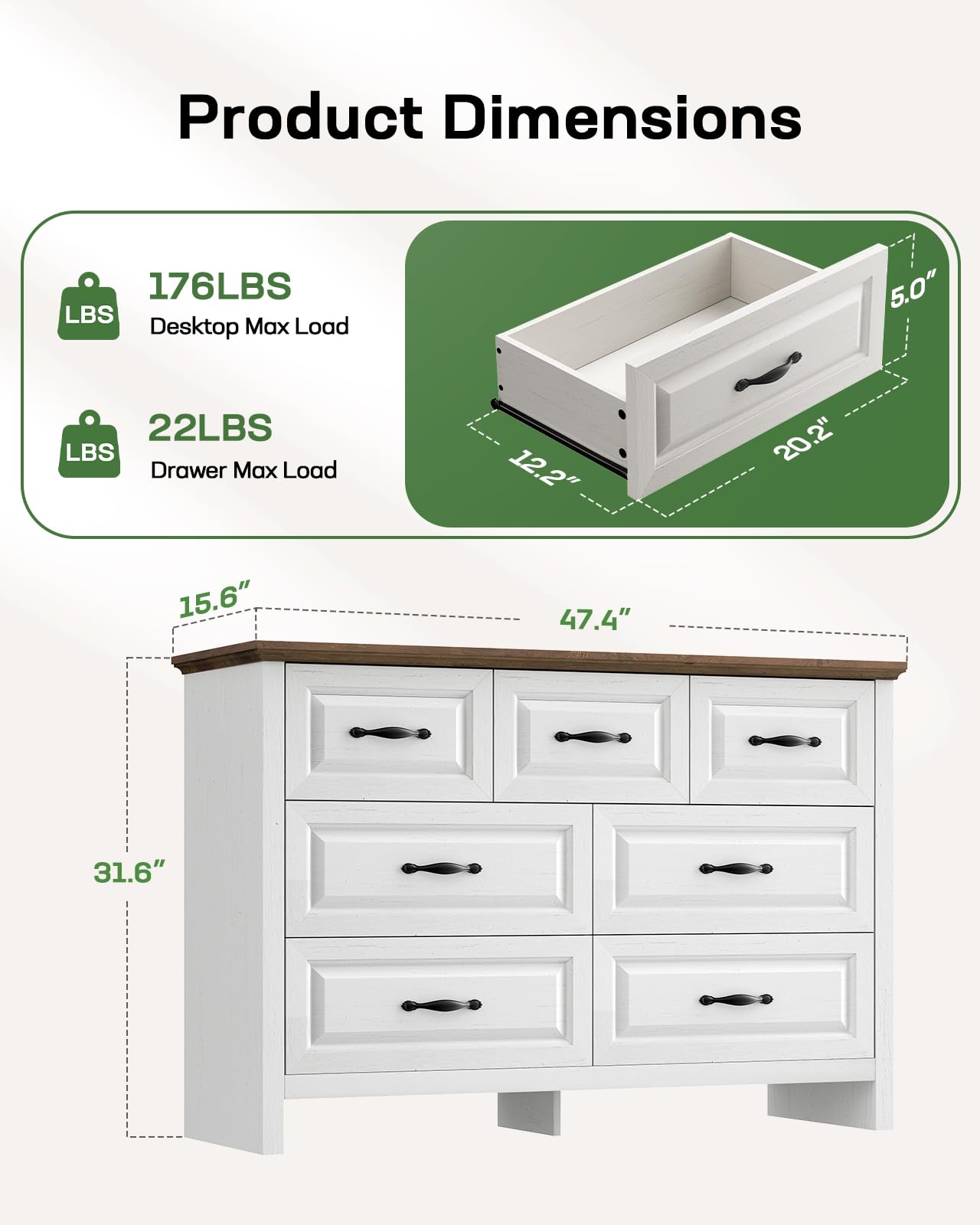Marsail 7-Drawer Farmhouse Dresser, Solid Wood Storage Space, Sturdy Wide Chest with Smooth Glide Drawers & Anti-Slip Kit, for Bedroom or Hallway, Brown&White