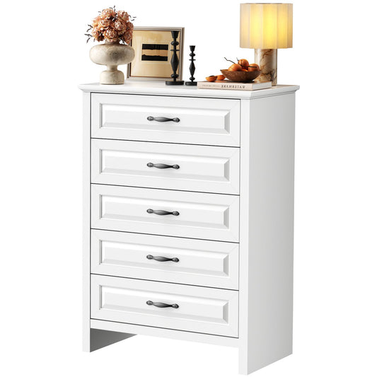Marsail 5-Drawer Farmhouse Dresser, Solid Wood Storage Space, Sturdy Tall Chest with Smooth Glide Drawers & Anti-Slip Kit, for Bedroom or Hallway, White