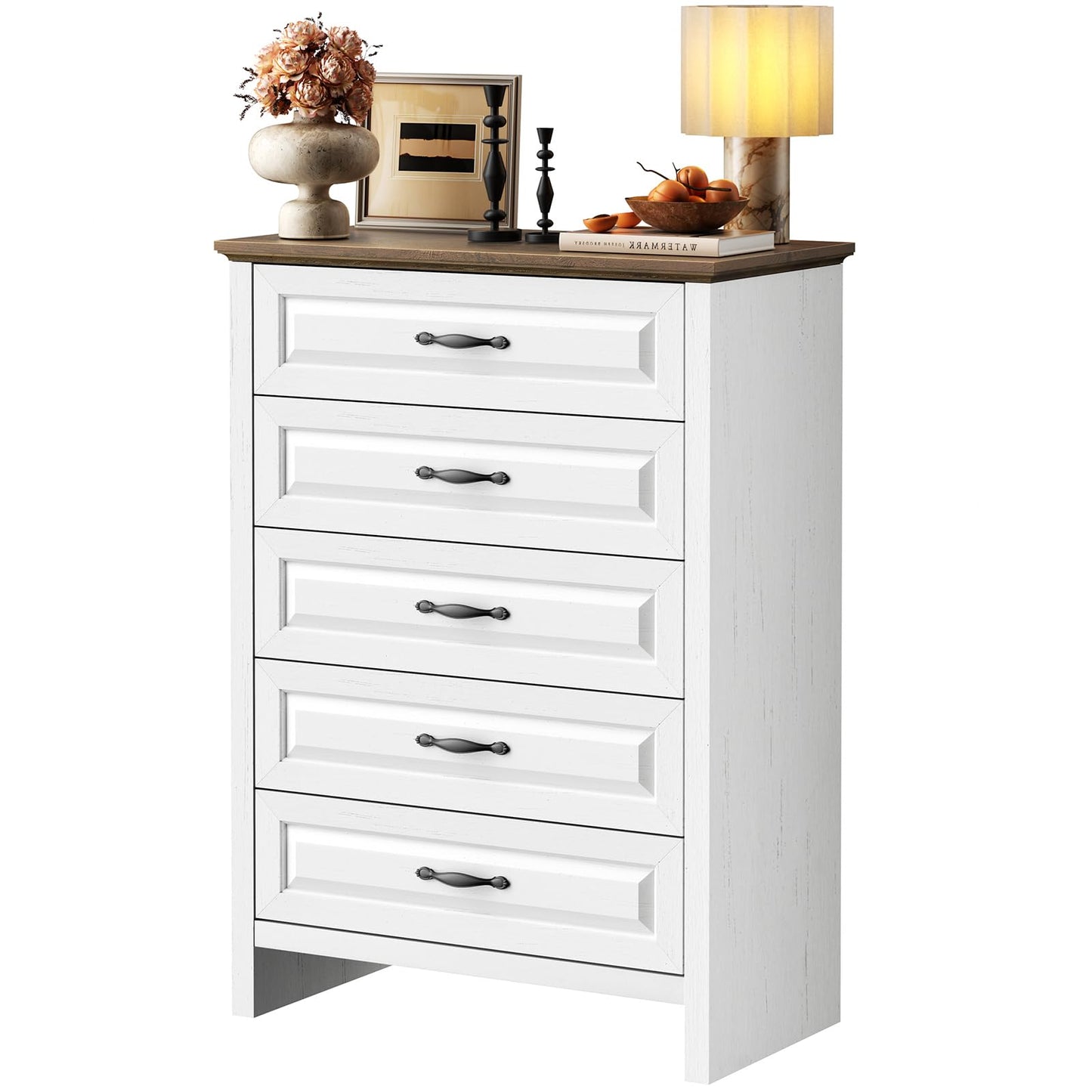 Marsail 5 Drawer Dresser for Bedroom, Modern Farmhouse Wood Wide Chest of Drawers, Storage Dressers Organizer with Anti-Slip Kit for Living Room, Bedroom & Hallway, Wood White