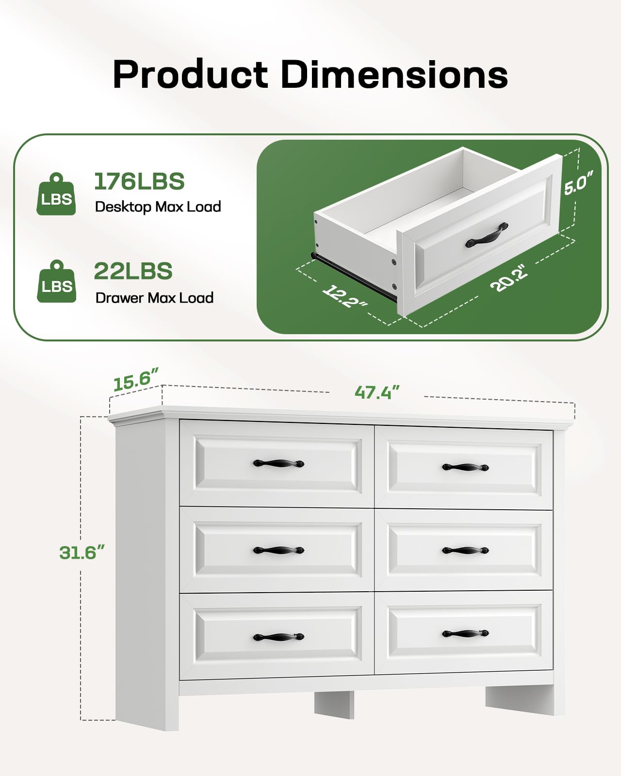 Marsail 6-Drawer Farmhouse Dresser, Solid Wood Storage Space, Sturdy Wide Chest with Smooth Glide Drawers & Anti-Slip Kit, for Bedroom or Hallway, White