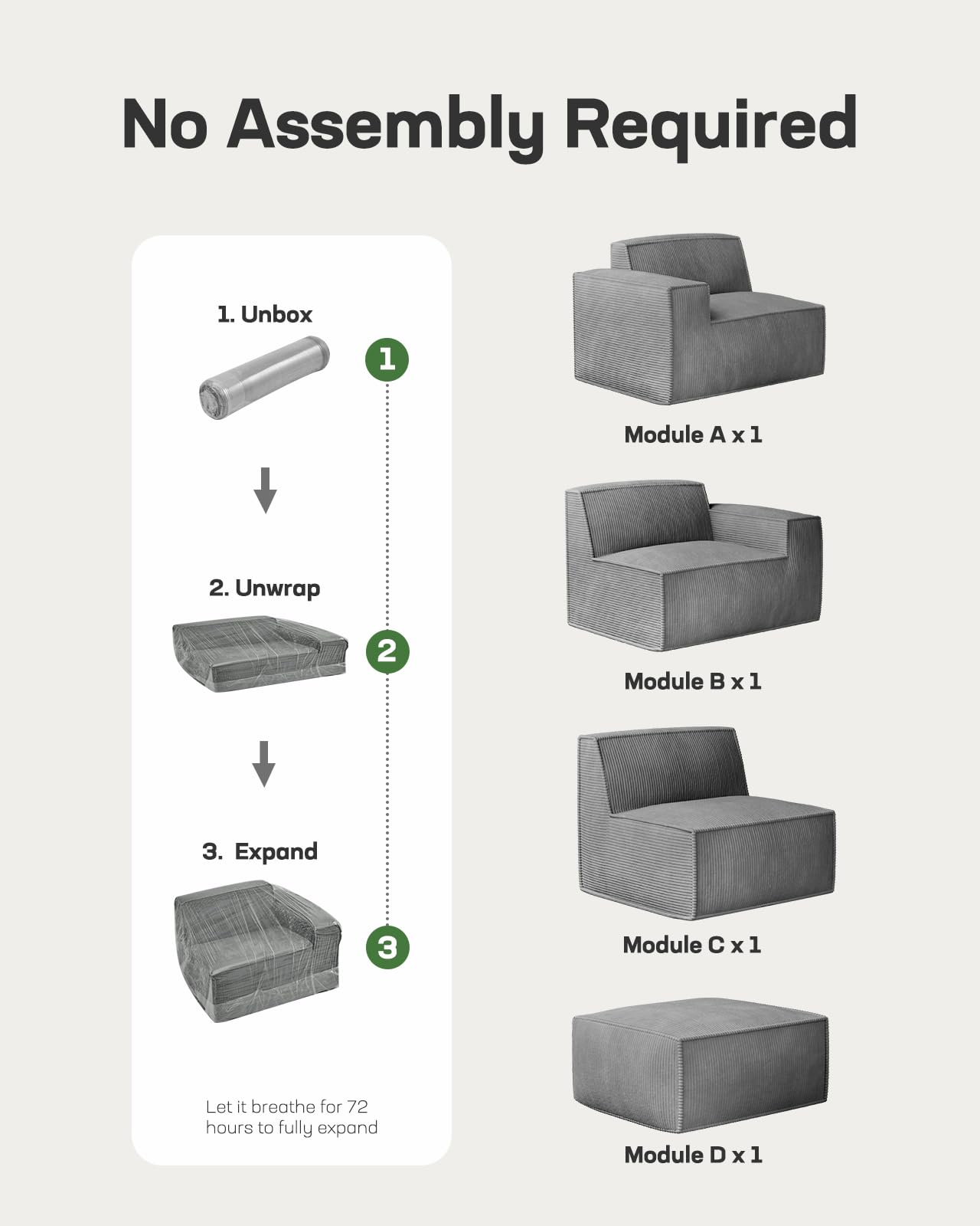 Marsail Modular Sofa, Corduroy Cloud Couches with Deep Seats and High-Back Design, Modular Sectional Sofa for Living Room