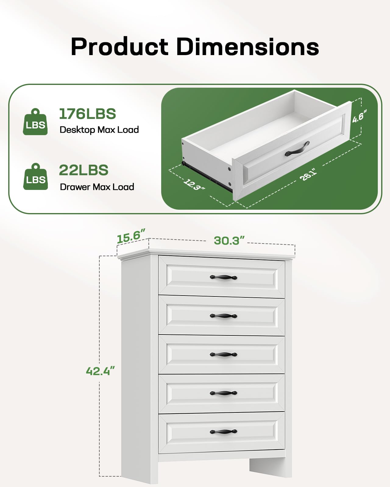 Marsail 5-Drawer Farmhouse Dresser, Solid Wood Storage Space, Sturdy Tall Chest with Smooth Glide Drawers & Anti-Slip Kit, for Bedroom or Hallway, White