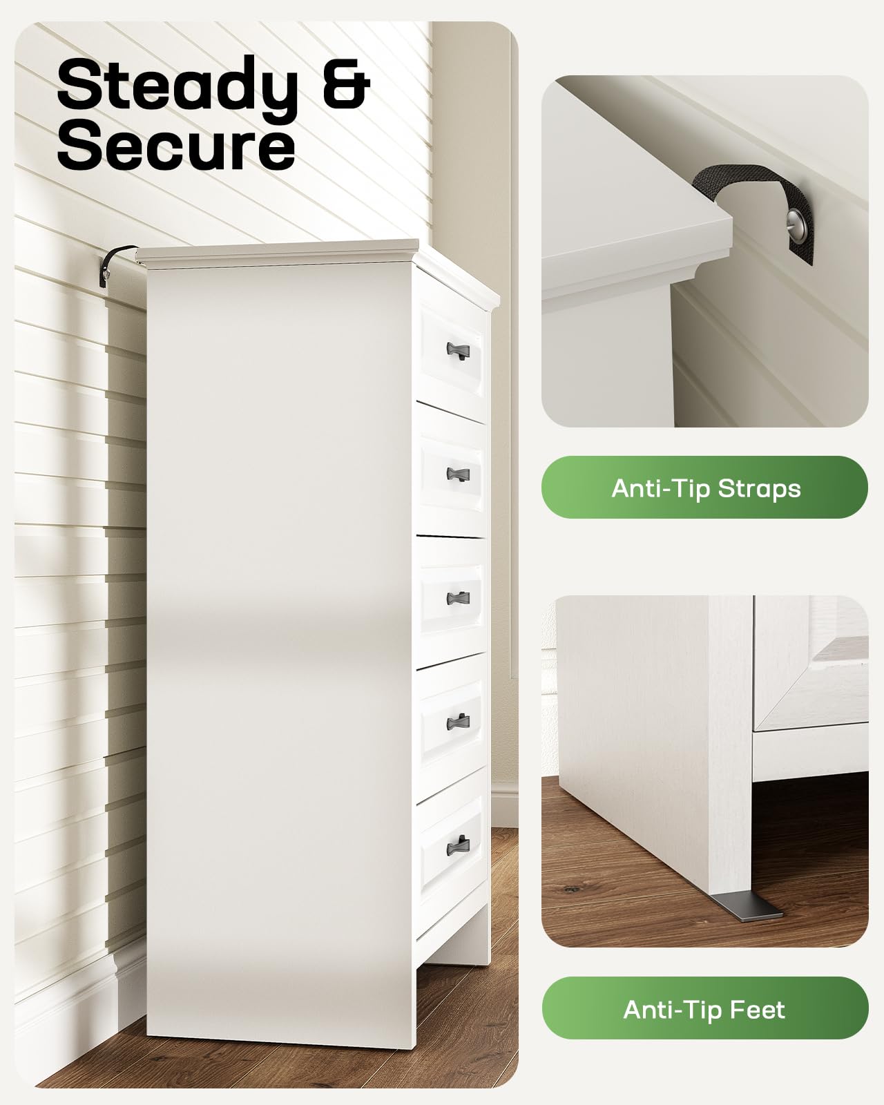 Marsail 5-Drawer Farmhouse Dresser, Solid Wood Storage Space, Sturdy Tall Chest with Smooth Glide Drawers & Anti-Slip Kit, for Bedroom or Hallway, White