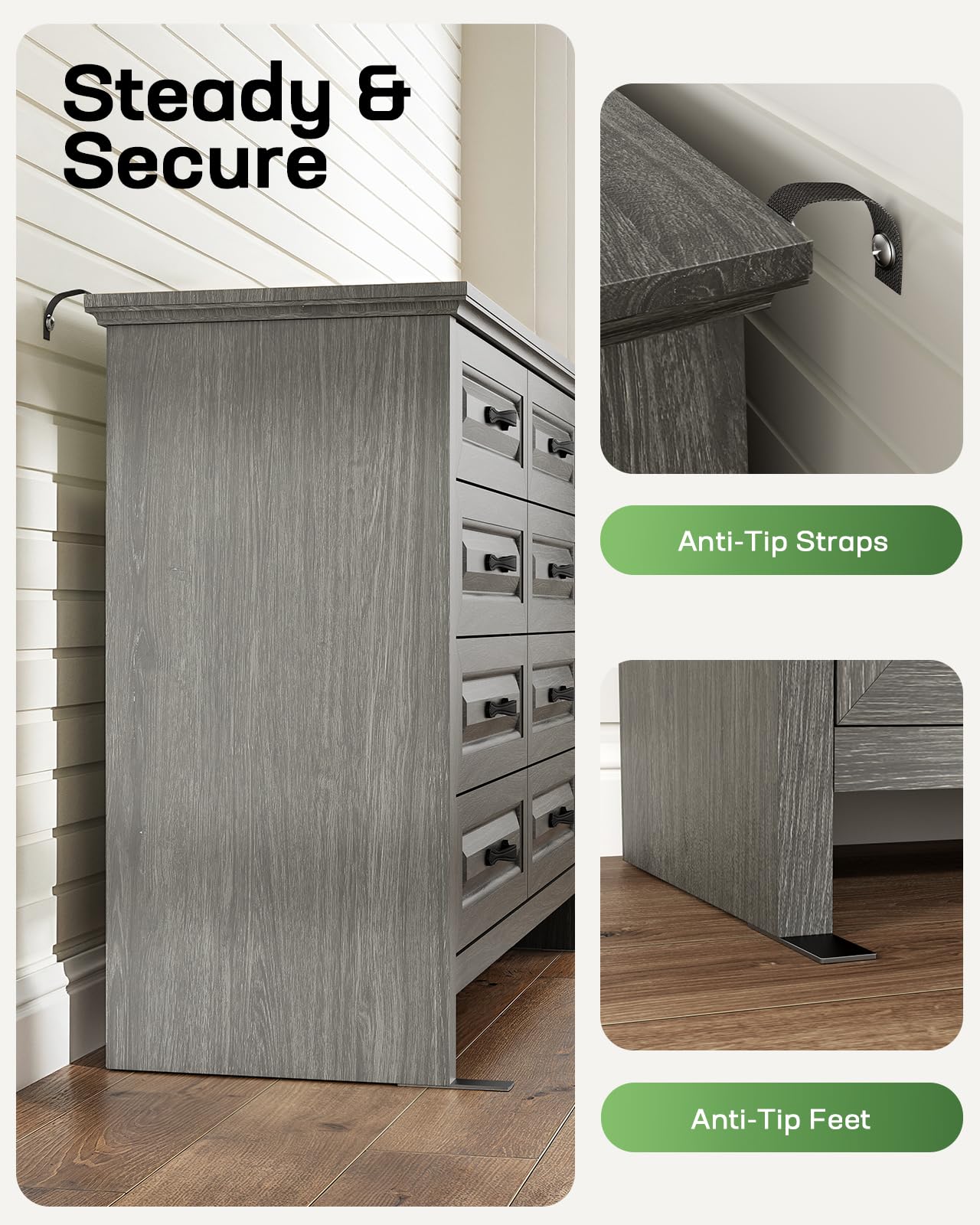 Marsail 8-Drawer Farmhouse Dresser, Solid Wood Storage Space, Sturdy Wide Chest with Smooth Glide Drawers & Anti-Slip Kit, for Bedroom or Hallway, Dark Grey