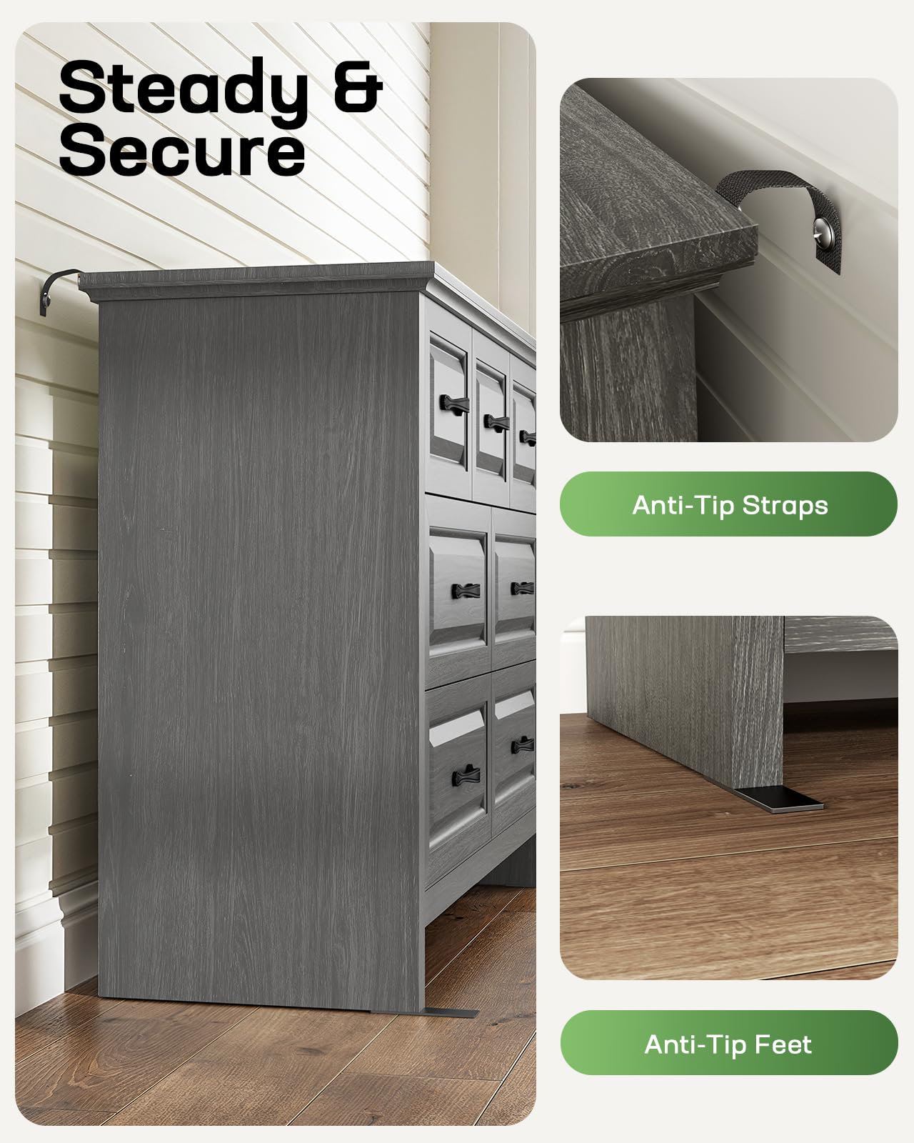 Marsail 7-Drawer Farmhouse Dresser, Solid Wood Storage Space, Sturdy Wide Chest with Smooth Glide Drawers & Anti-Slip Kit, for Bedroom or Hallway, Dark Grey