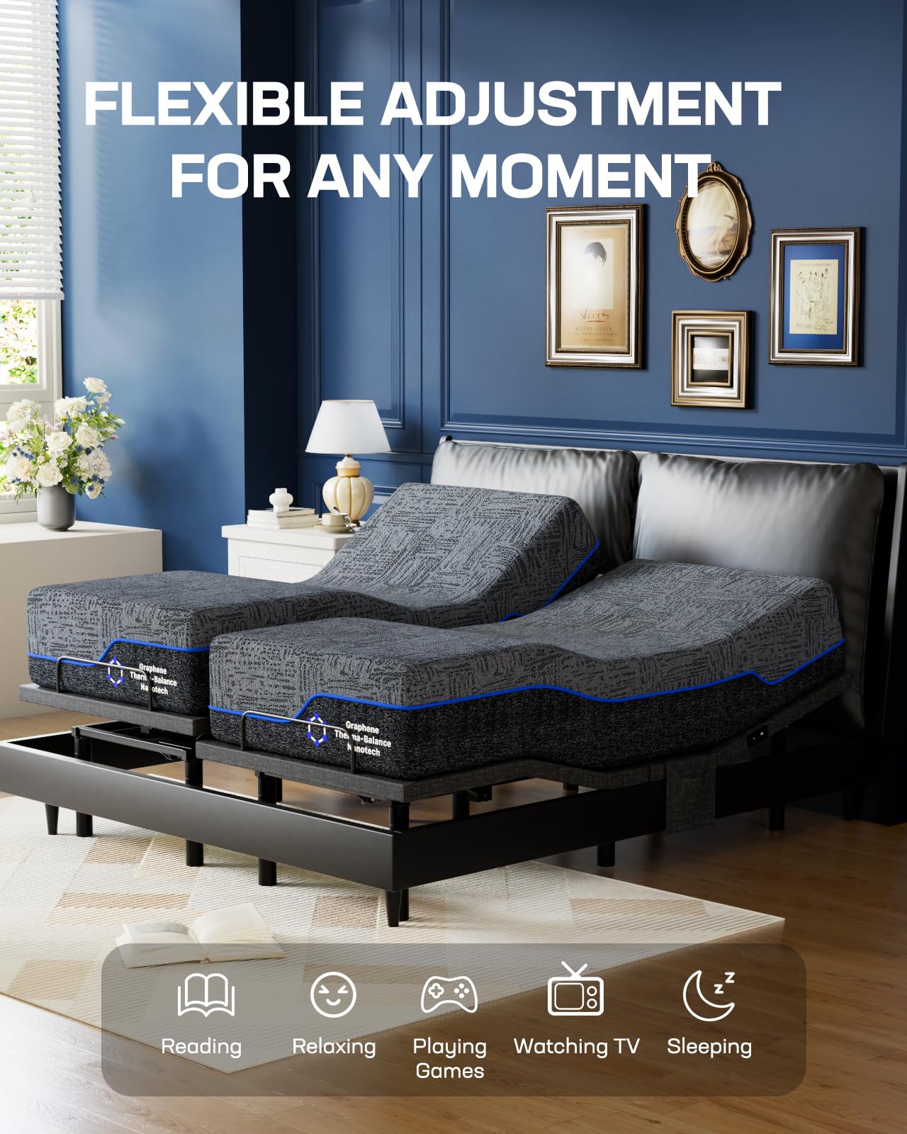 Marsail NS1 Twin XL Adjustable Bed Base with Massage- Smart Dual Motor Bed Frame with Wireless Remote, 3-Min Assembly, Zero Gravity & Anti-Snore Modes, Under Bed Lighting, 4 USB Ports