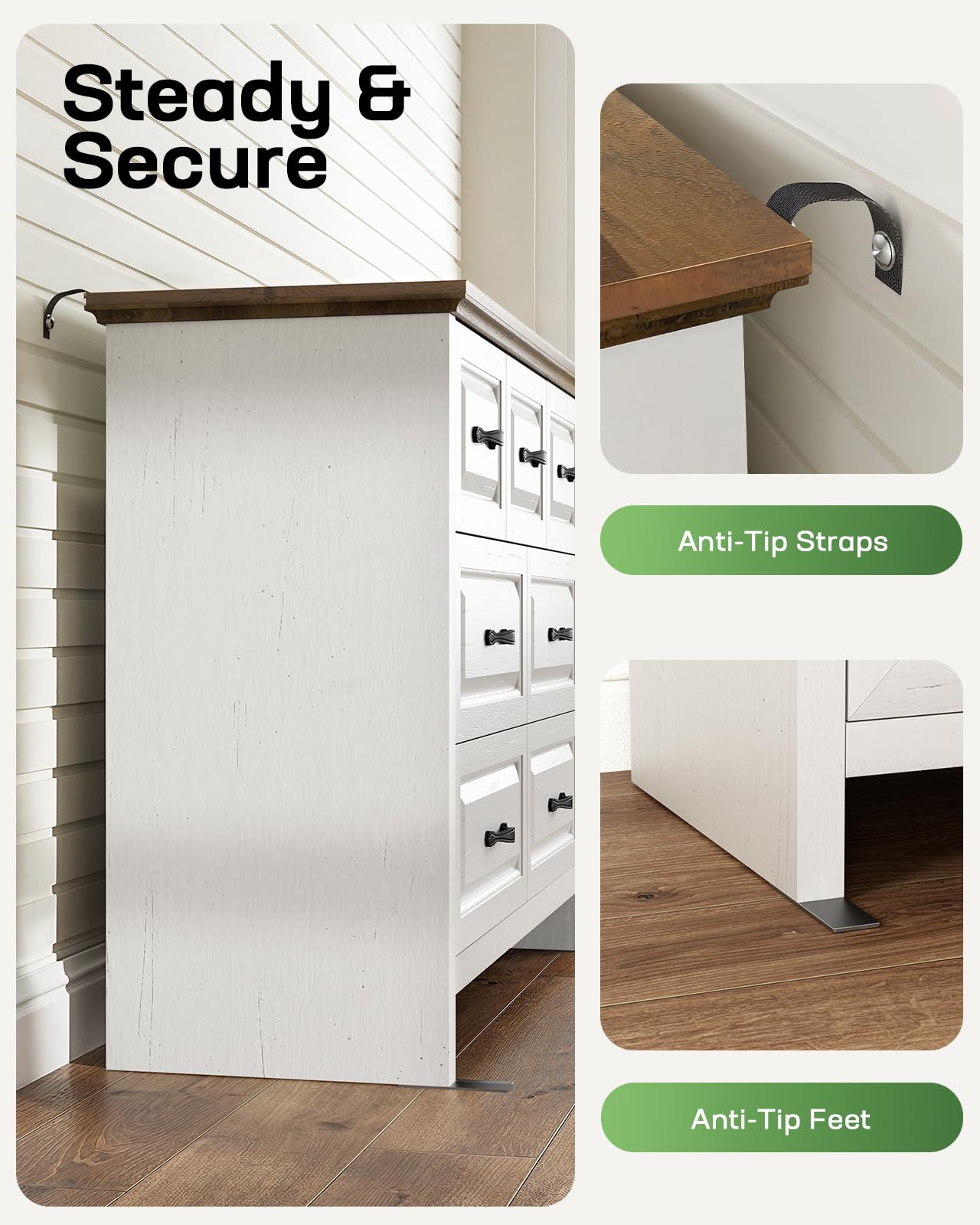 Marsail 7-Drawer Farmhouse Dresser, Solid Wood Storage Space, Sturdy Wide Chest with Smooth Glide Drawers & Anti-Slip Kit, for Bedroom or Hallway, Brown&White