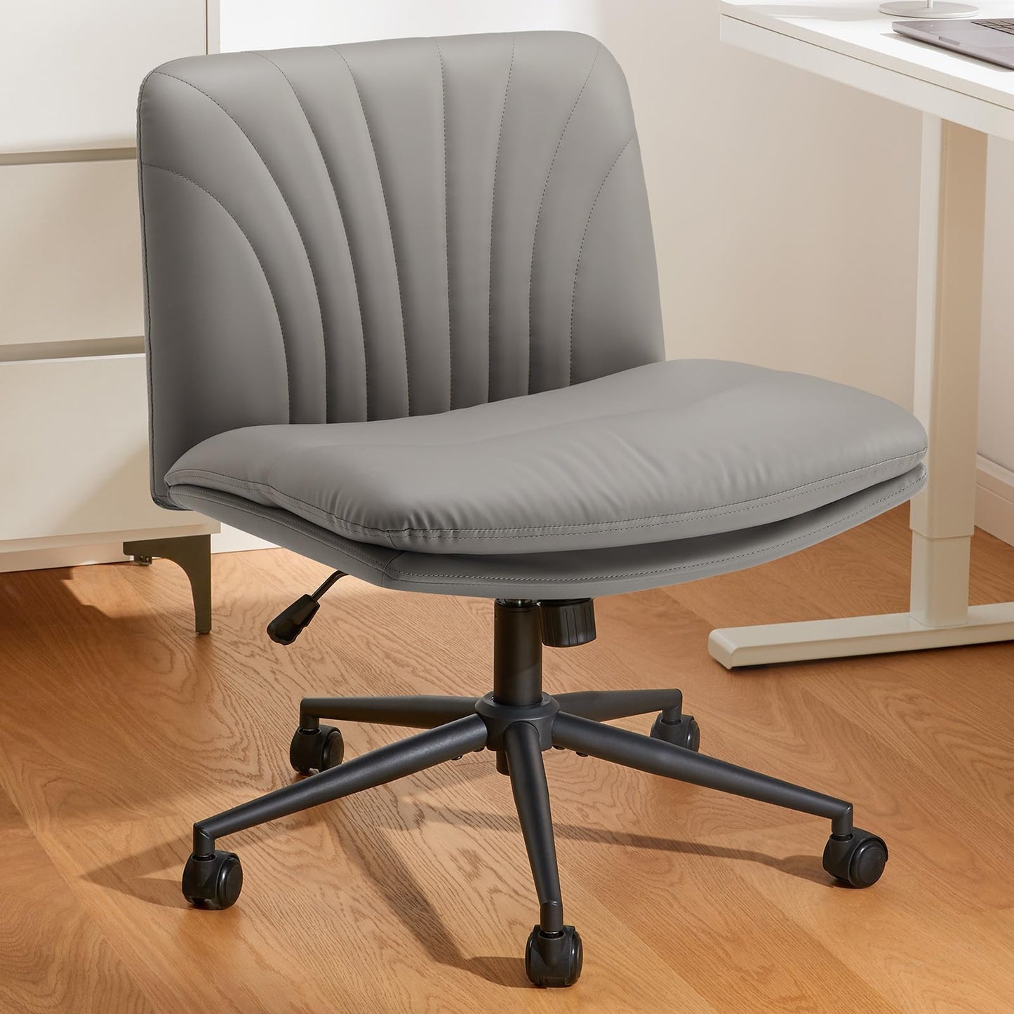 Marsail Armless-Office Desk Chair with Wheels: PU Leather Cross Legged Wide Chair,Comfortable Adjustable Swivel Computer Task Chairs for Home,Office,Make Up,Small Space,Bed Room(Light Beige)
