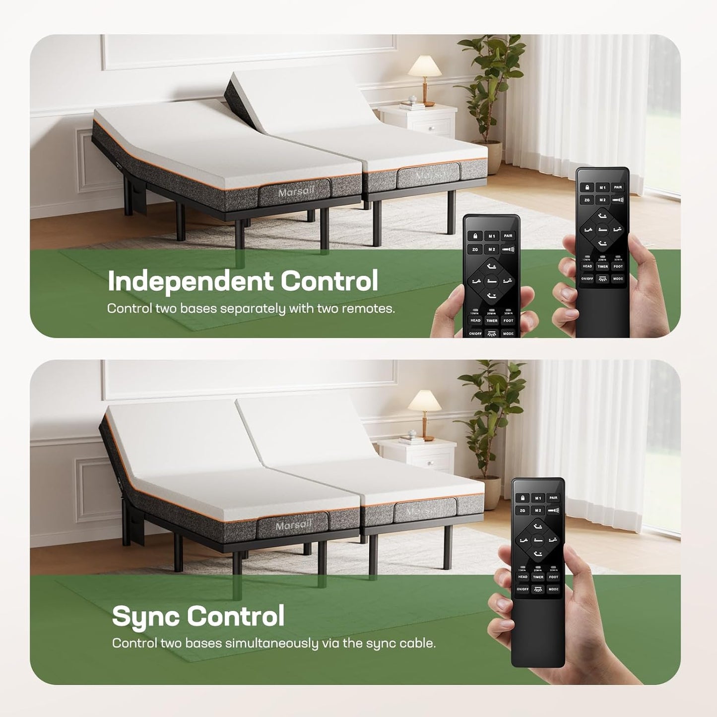Marsail MS01-1 Split King Adjustable Bed Base with Massage, 4 Ports USB A&C Adjustable Bed Frame with Under-Bed Nightlight, 3 Minutes Assembly, Wireless Control Adjustable Bed with 4 Height Options