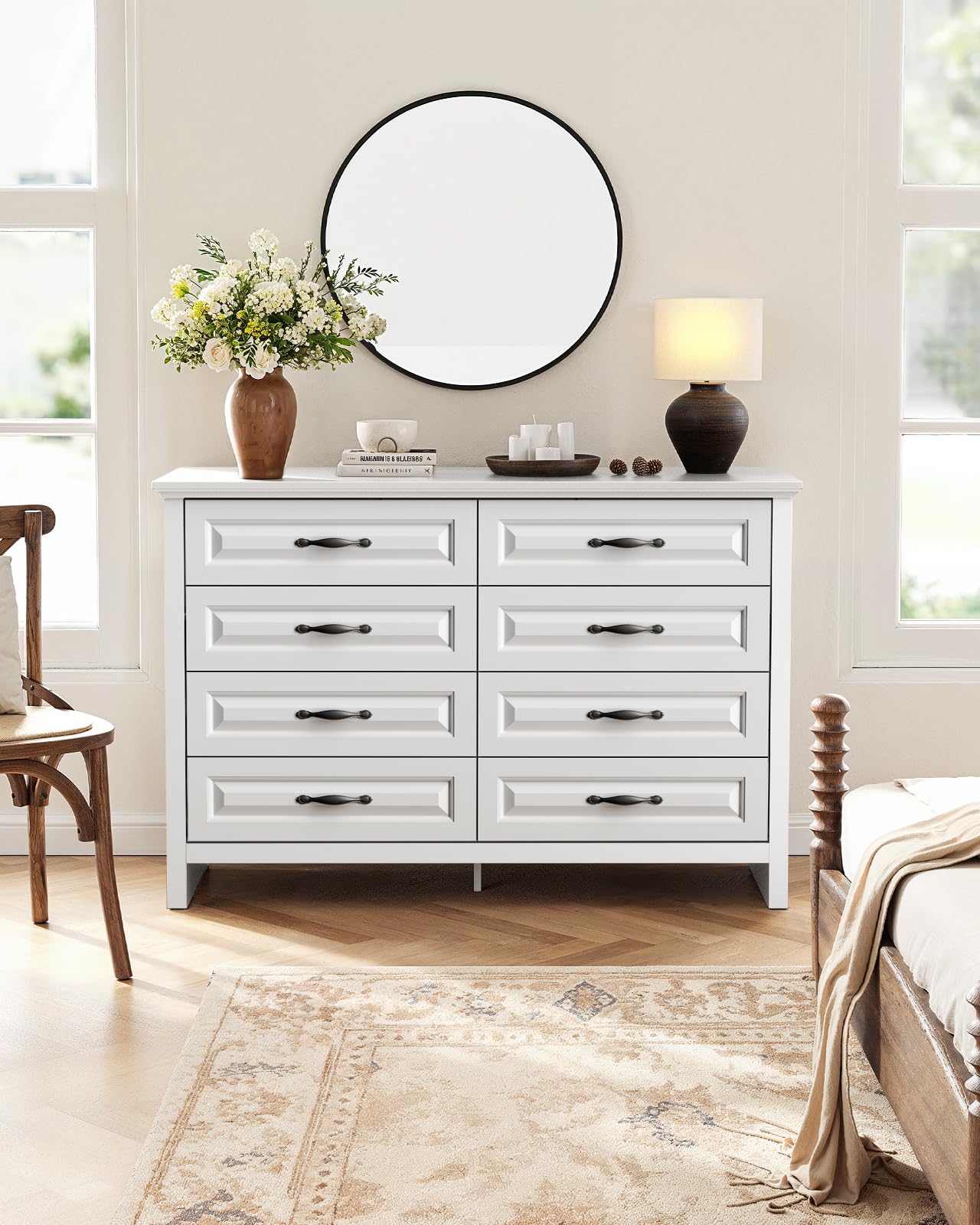 Marsail 8-Drawer Farmhouse Dresser, Solid Wood Storage Space, Sturdy Wide Chest with Smooth Glide Drawers & Anti-Slip Kit, for Bedroom or Hallway, White