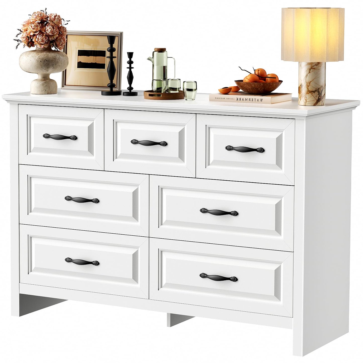 Marsail 7-Drawer Farmhouse Dresser, Solid Wood Storage Space, Sturdy Wide Chest with Smooth Glide Drawers & Anti-Slip Kit, for Bedroom or Hallway, White