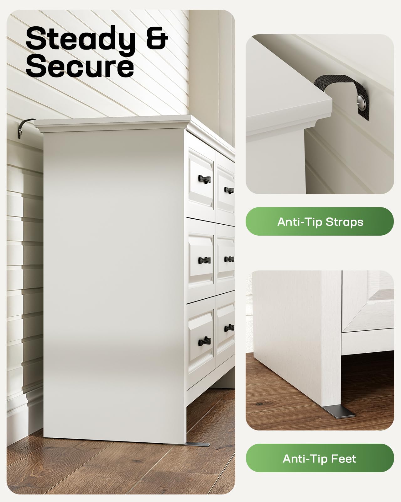 Marsail 6-Drawer Farmhouse Dresser, Solid Wood Storage Space, Sturdy Wide Chest with Smooth Glide Drawers & Anti-Slip Kit, for Bedroom or Hallway, White