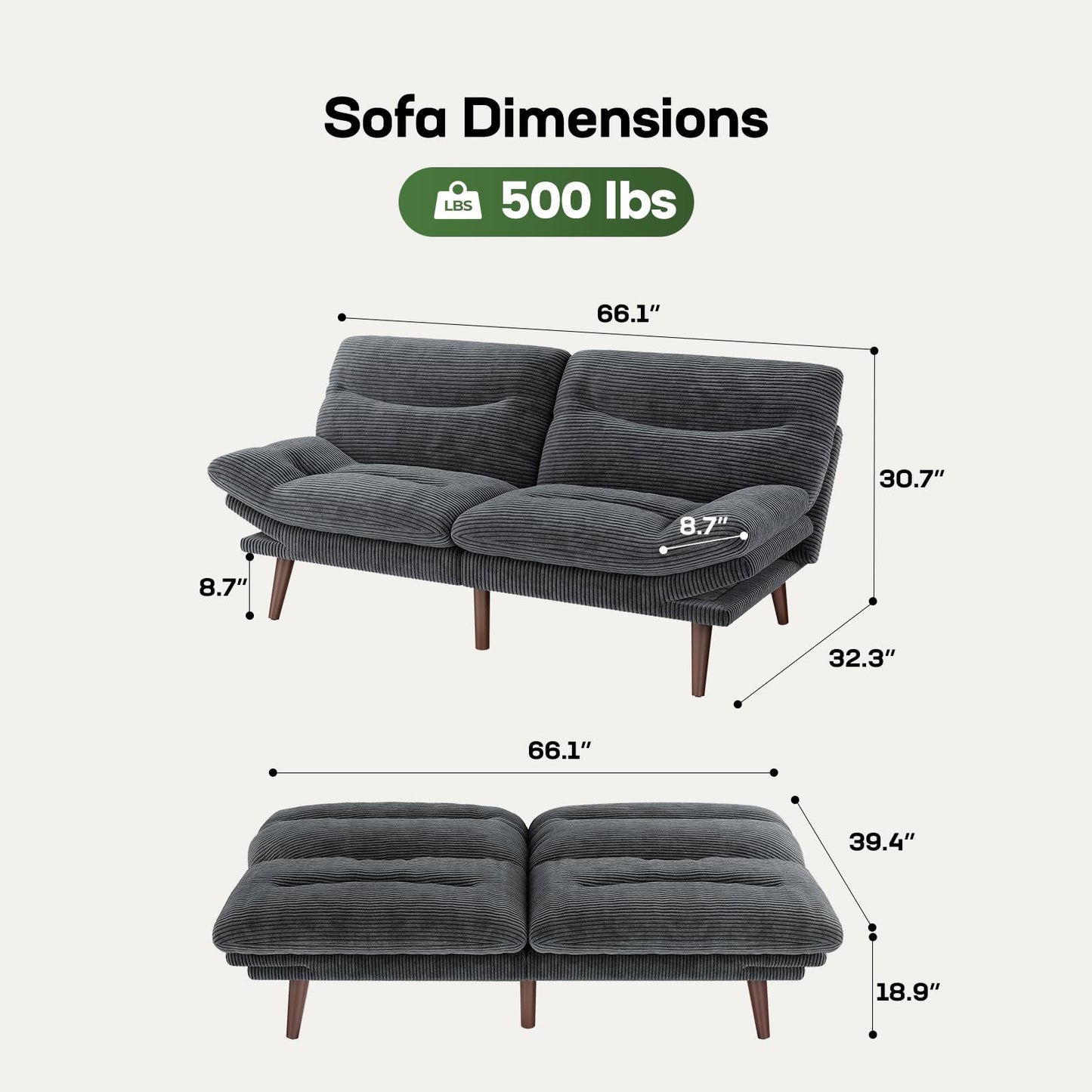 Marsail Futon Sofa Bed, Futon Couch with Adjustable Backrest & Armrests, Convertible Small Sleeper Sofa Bed for Small Apartments, Study Room, Office, Corduroy Loveseat, Grey