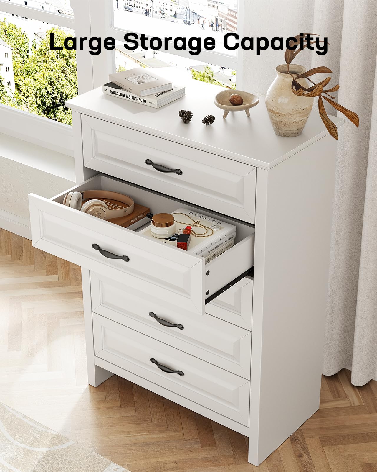 Marsail 5-Drawer Farmhouse Dresser, Solid Wood Storage Space, Sturdy Tall Chest with Smooth Glide Drawers & Anti-Slip Kit, for Bedroom or Hallway, White