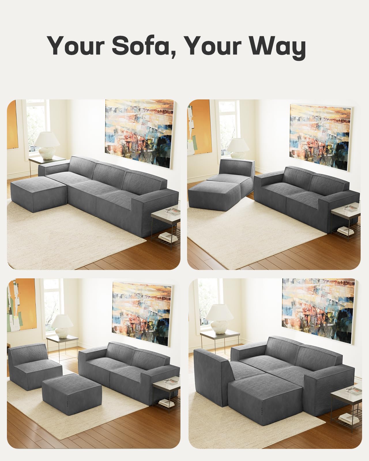 Marsail Modular Sofa, Corduroy Cloud Couches with Deep Seats and High-Back Design, Modular Sectional Sofa for Living Room