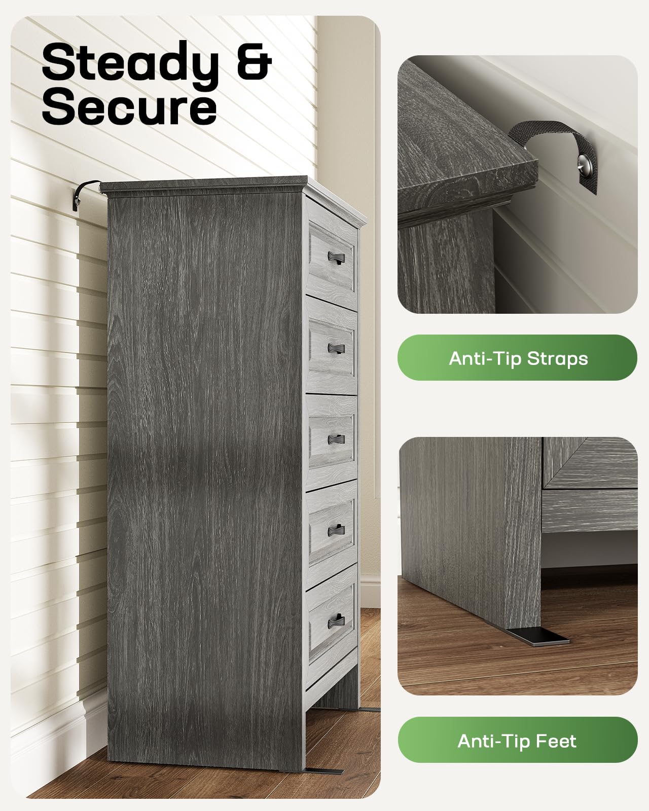 Marsail 5-Drawer Farmhouse Dresser, Solid Wood Storage Space, Sturdy Tall Chest with Smooth Glide Drawers & Anti-Slip Kit, for Bedroom or Hallway, Dark Grey