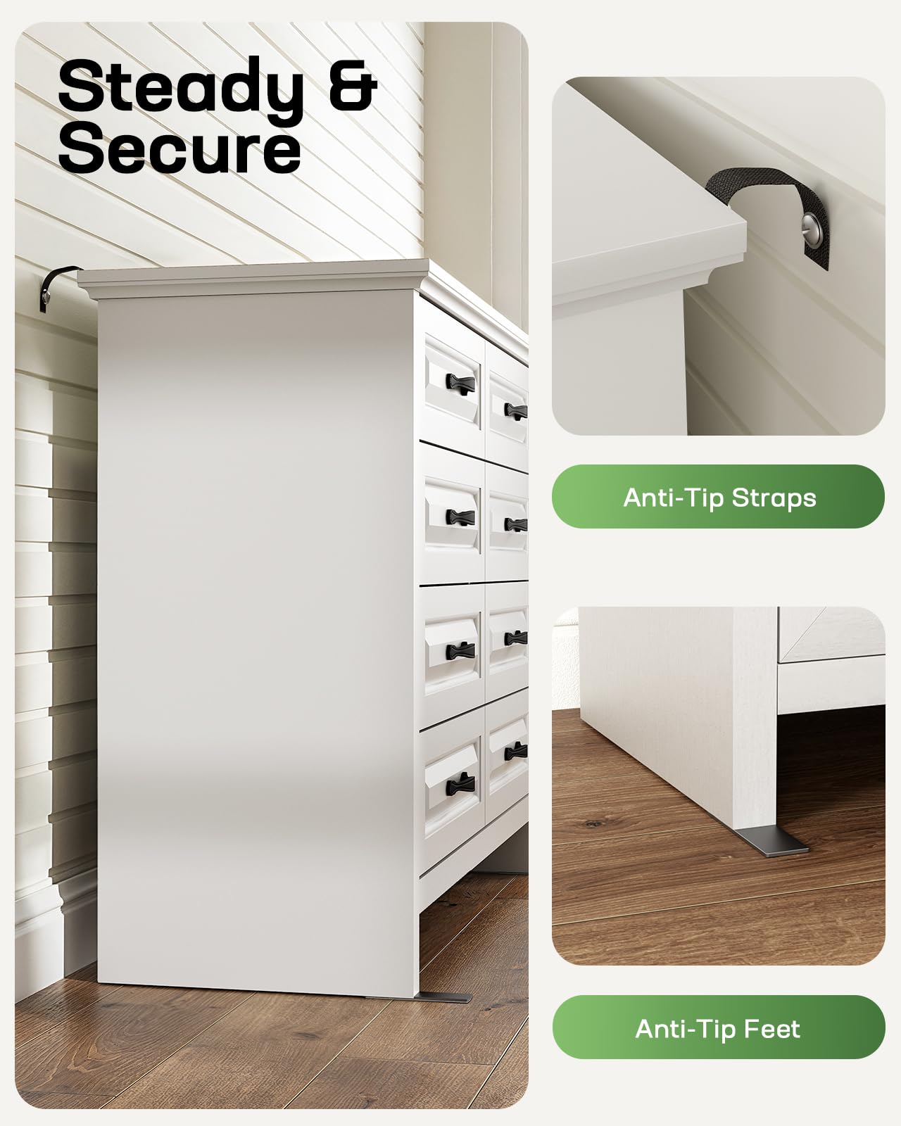 Marsail 8-Drawer Farmhouse Dresser, Solid Wood Storage Space, Sturdy Wide Chest with Smooth Glide Drawers & Anti-Slip Kit, for Bedroom or Hallway, White