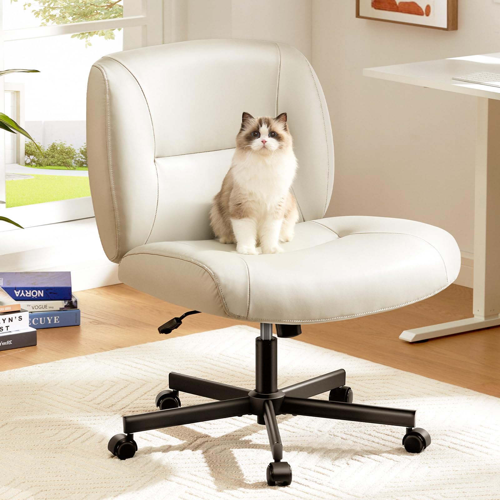 Marsail Armless-Office Desk Chair with Wheels: PU Leather Cross Legged Wide Chair,Comfortable Adjustable Swivel Computer Task Chairs for Home,Office,Make Up,Small Space,Bed Room(Light Beige)