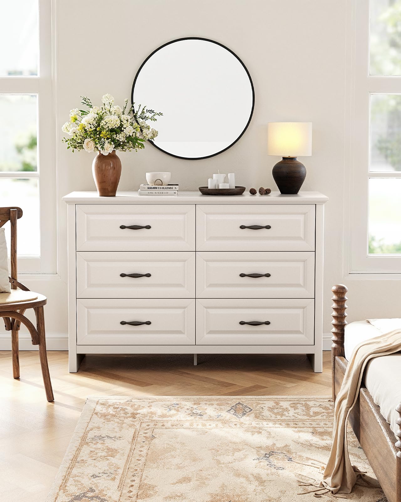 Marsail 6-Drawer Farmhouse Dresser, Solid Wood Storage Space, Sturdy Wide Chest with Smooth Glide Drawers & Anti-Slip Kit, for Bedroom or Hallway, White