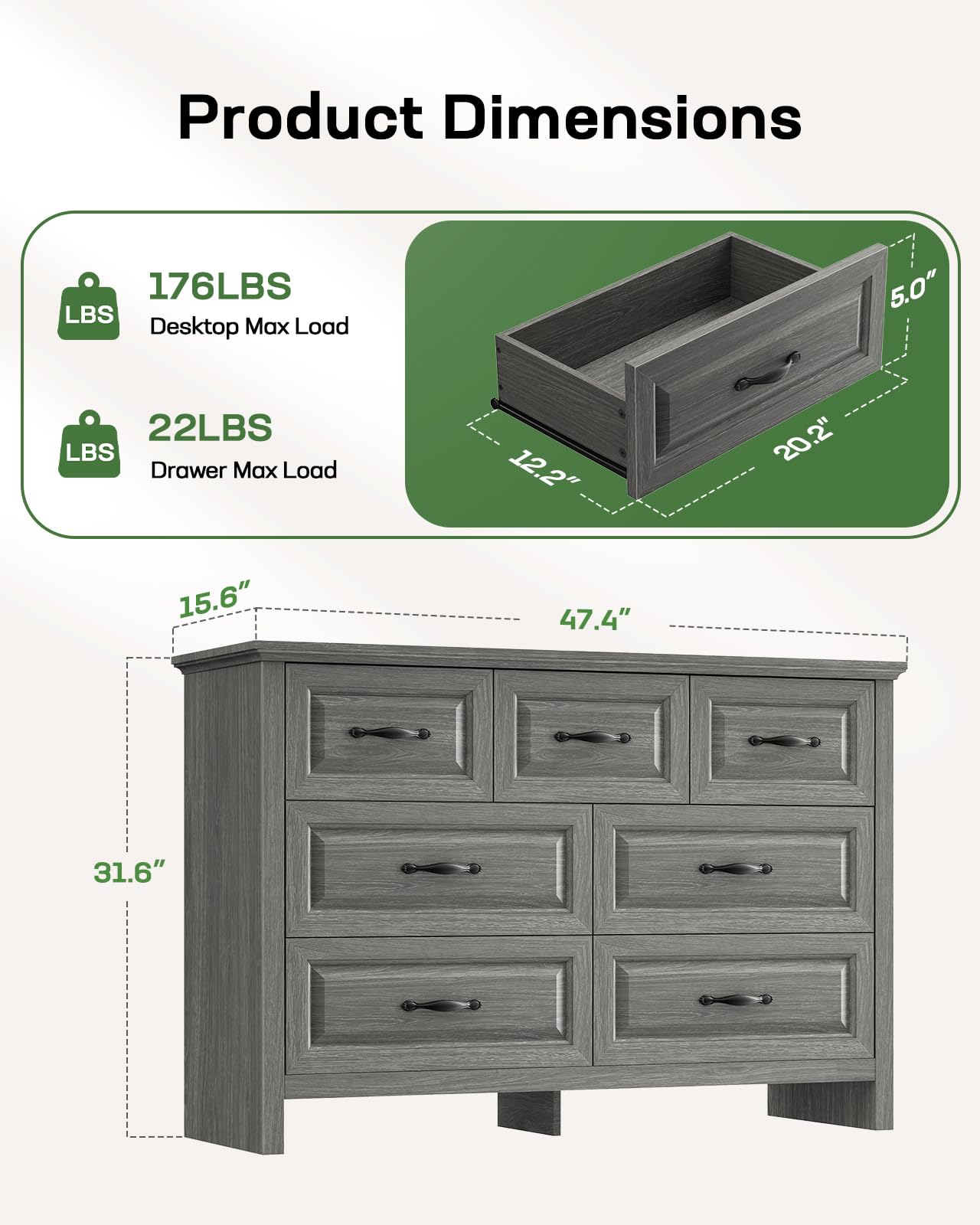 Marsail 7-Drawer Farmhouse Dresser, Solid Wood Storage Space, Sturdy Wide Chest with Smooth Glide Drawers & Anti-Slip Kit, for Bedroom or Hallway, Dark Grey
