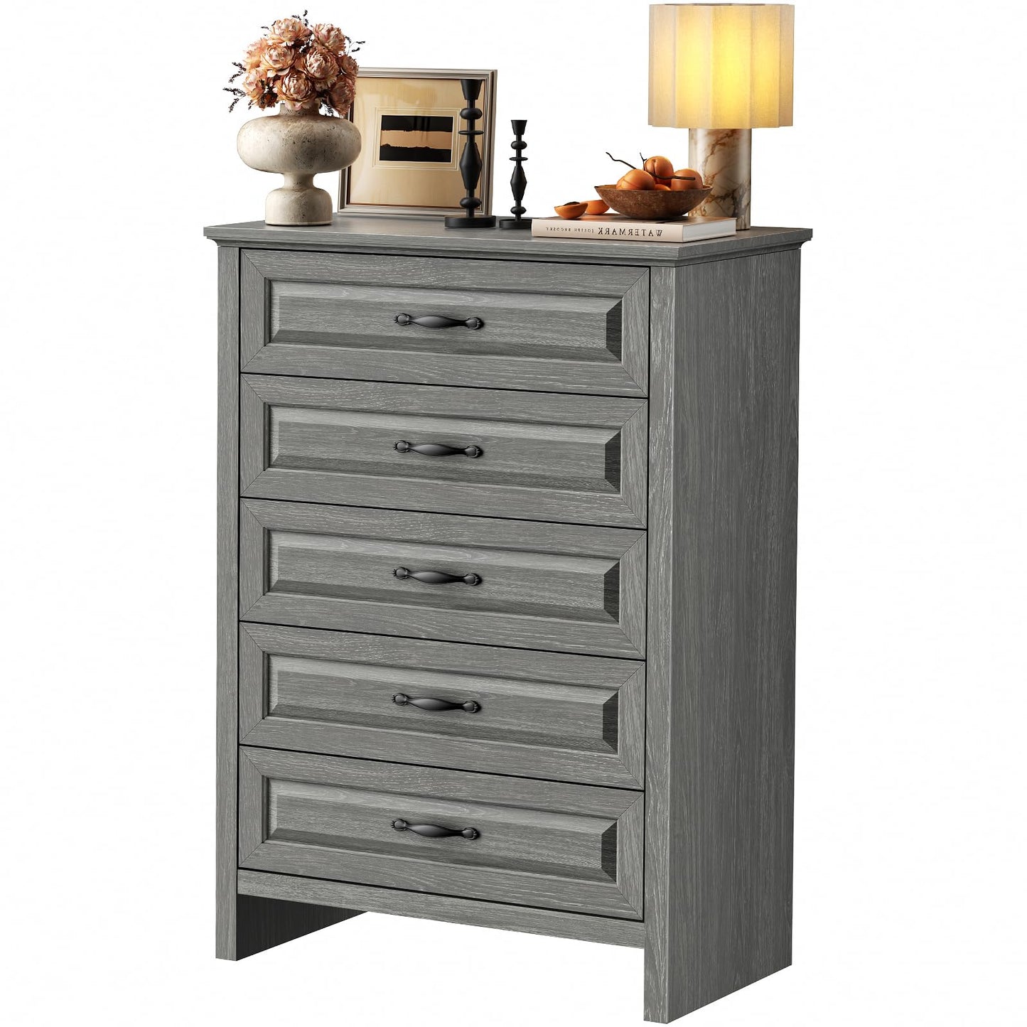 Marsail 5-Drawer Farmhouse Dresser, Solid Wood Storage Space, Sturdy Tall Chest with Smooth Glide Drawers & Anti-Slip Kit, for Bedroom or Hallway, Dark Grey