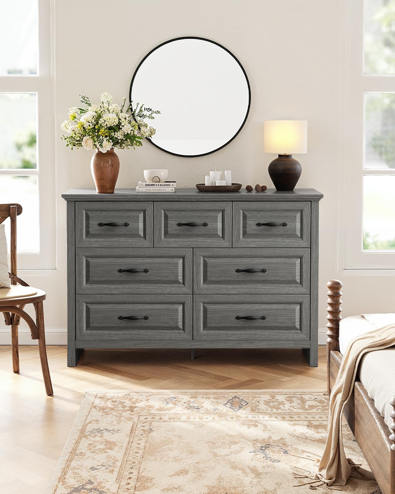 Marsail 7-Drawer Farmhouse Dresser, Solid Wood Storage Space, Sturdy Wide Chest with Smooth Glide Drawers & Anti-Slip Kit, for Bedroom or Hallway, Dark Grey