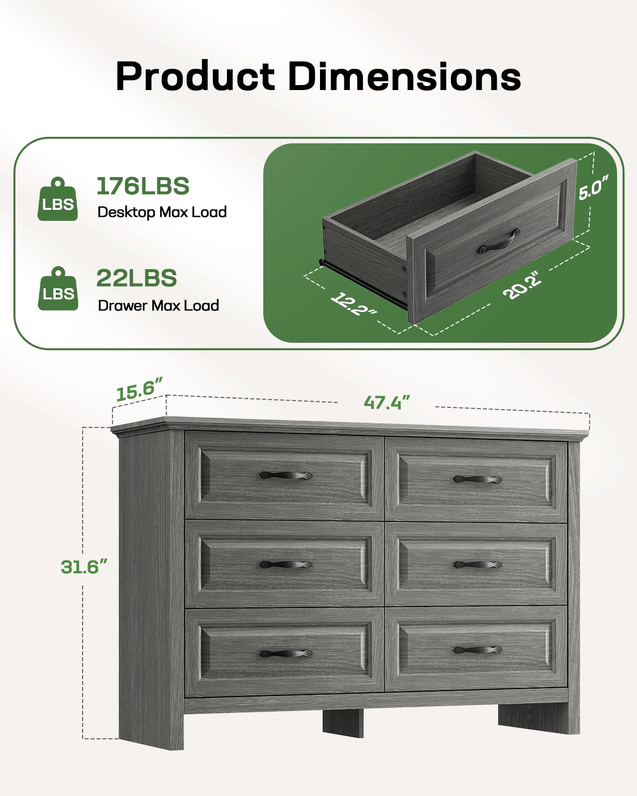 Marsail 6-Drawer Farmhouse Dresser, Solid Wood Storage Space, Sturdy Wide Chest with Smooth Glide Drawers & Anti-Slip Kit, for Bedroom or Hallway, Dark Grey