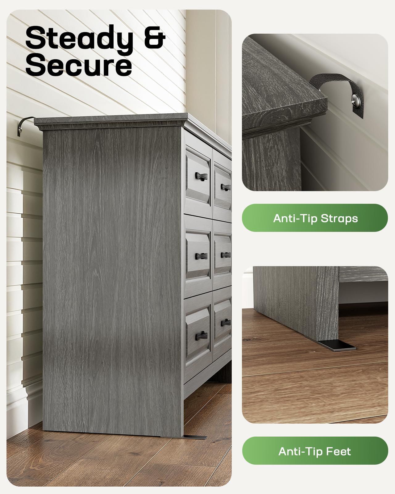 Marsail 6-Drawer Farmhouse Dresser, Solid Wood Storage Space, Sturdy Wide Chest with Smooth Glide Drawers & Anti-Slip Kit, for Bedroom or Hallway, Dark Grey