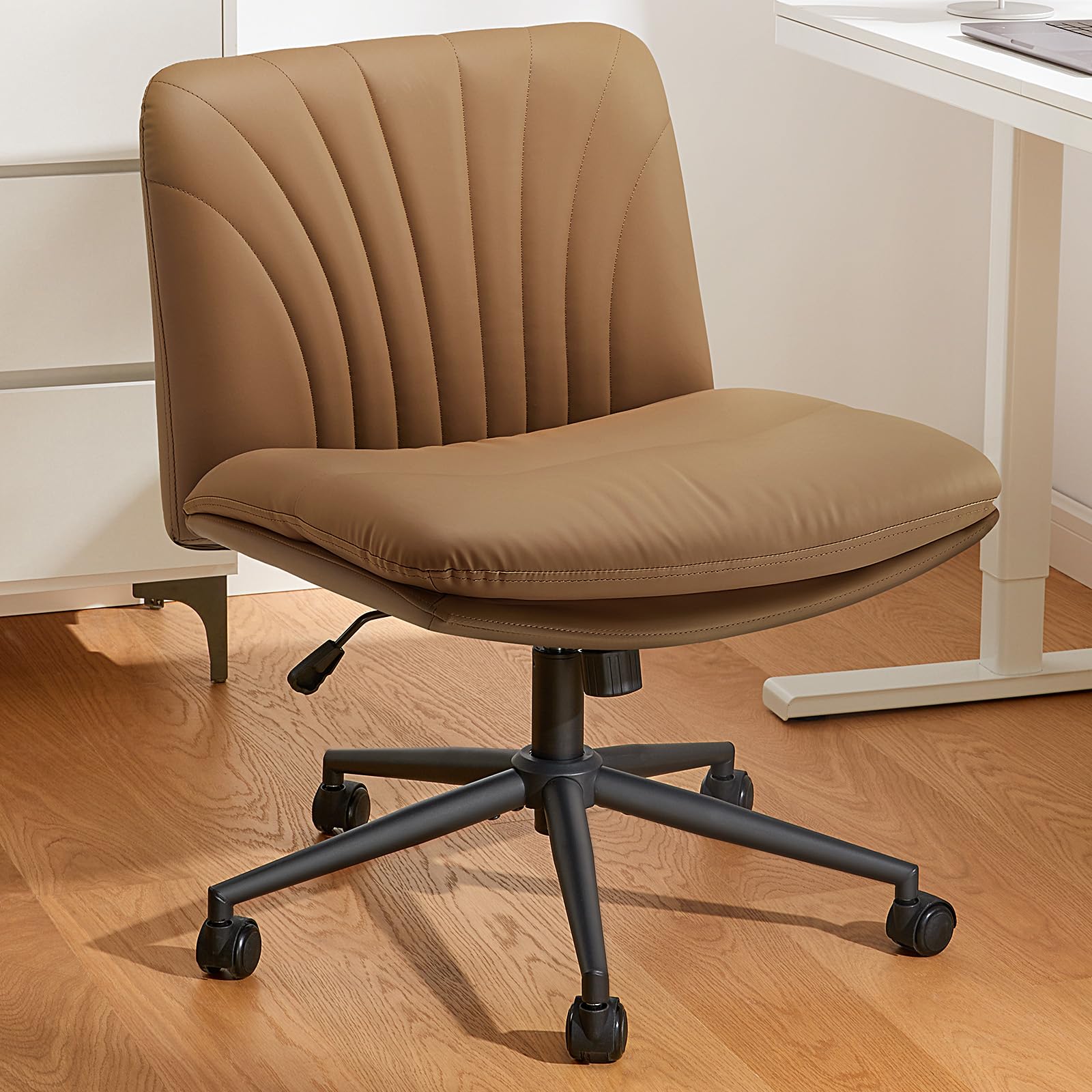Marsail Armless-Office Desk Chair with Wheels: PU Leather Cross Legged Wide Chair,Comfortable Adjustable Swivel Computer Task Chairs for Home,Office,Make Up,Small Space,Bed Room(Light Beige)