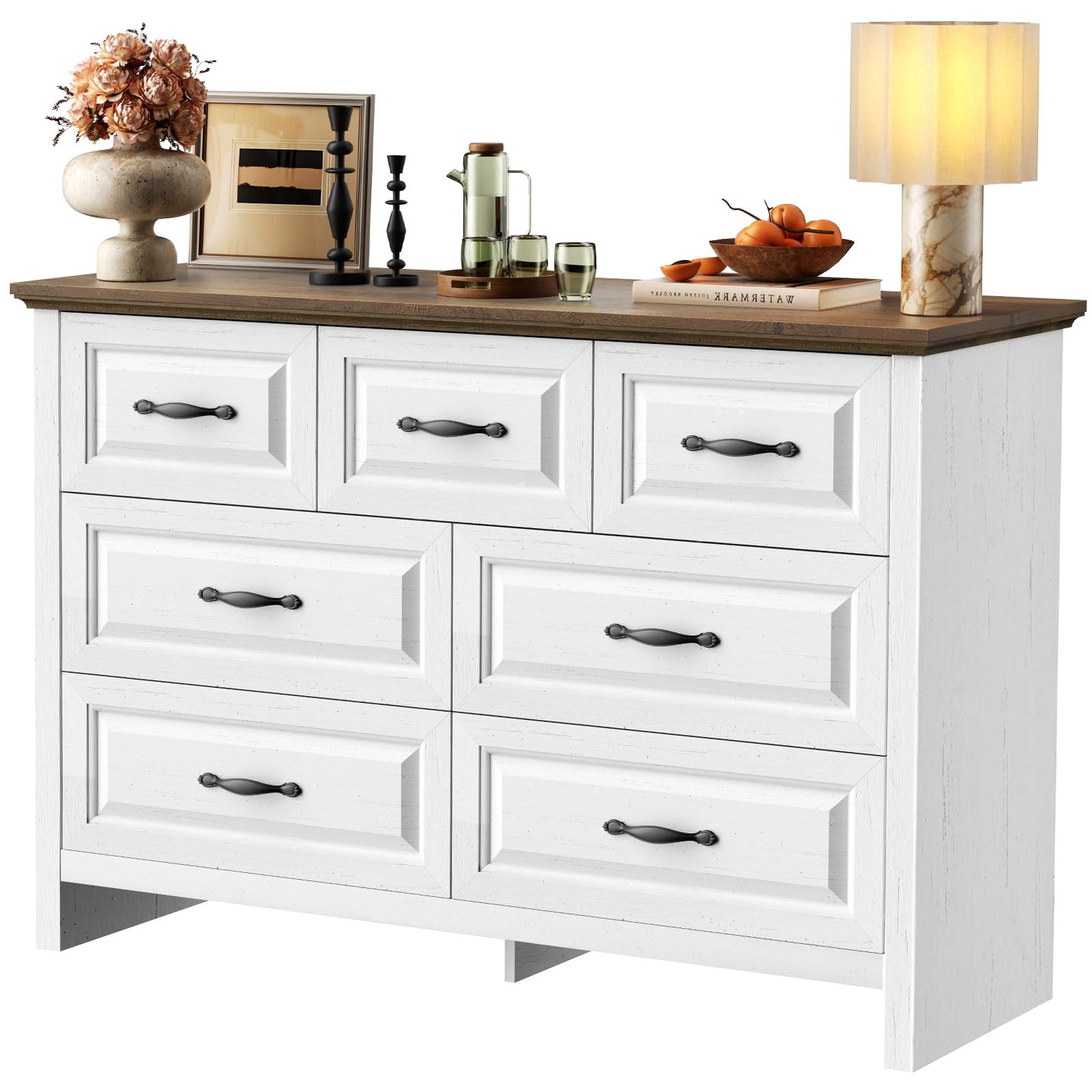 Marsail 7-Drawer Farmhouse Dresser, Solid Wood Storage Space, Sturdy Wide Chest with Smooth Glide Drawers & Anti-Slip Kit, for Bedroom or Hallway, Brown&White