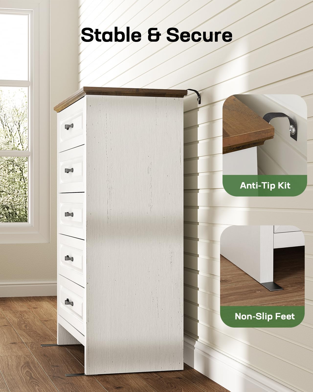 Marsail 5 Drawer Dresser for Bedroom, Modern Farmhouse Wood Wide Chest of Drawers, Storage Dressers Organizer with Anti-Slip Kit for Living Room, Bedroom & Hallway, Wood White