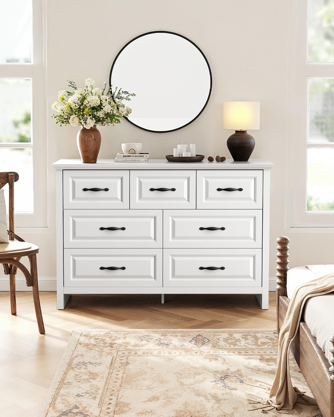 Marsail 7-Drawer Farmhouse Dresser, Solid Wood Storage Space, Sturdy Wide Chest with Smooth Glide Drawers & Anti-Slip Kit, for Bedroom or Hallway, White
