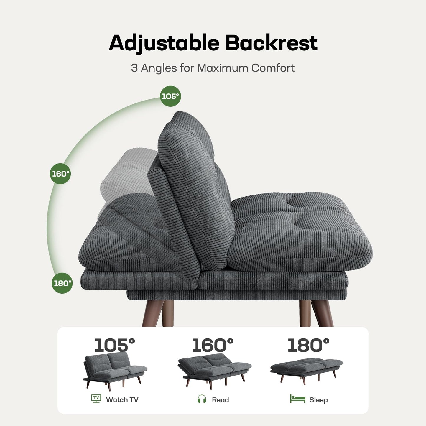 Marsail Futon Sofa Bed, Futon Couch with Adjustable Backrest & Armrests, Convertible Small Sleeper Sofa Bed for Small Apartments, Study Room, Office, Corduroy Loveseat, Grey