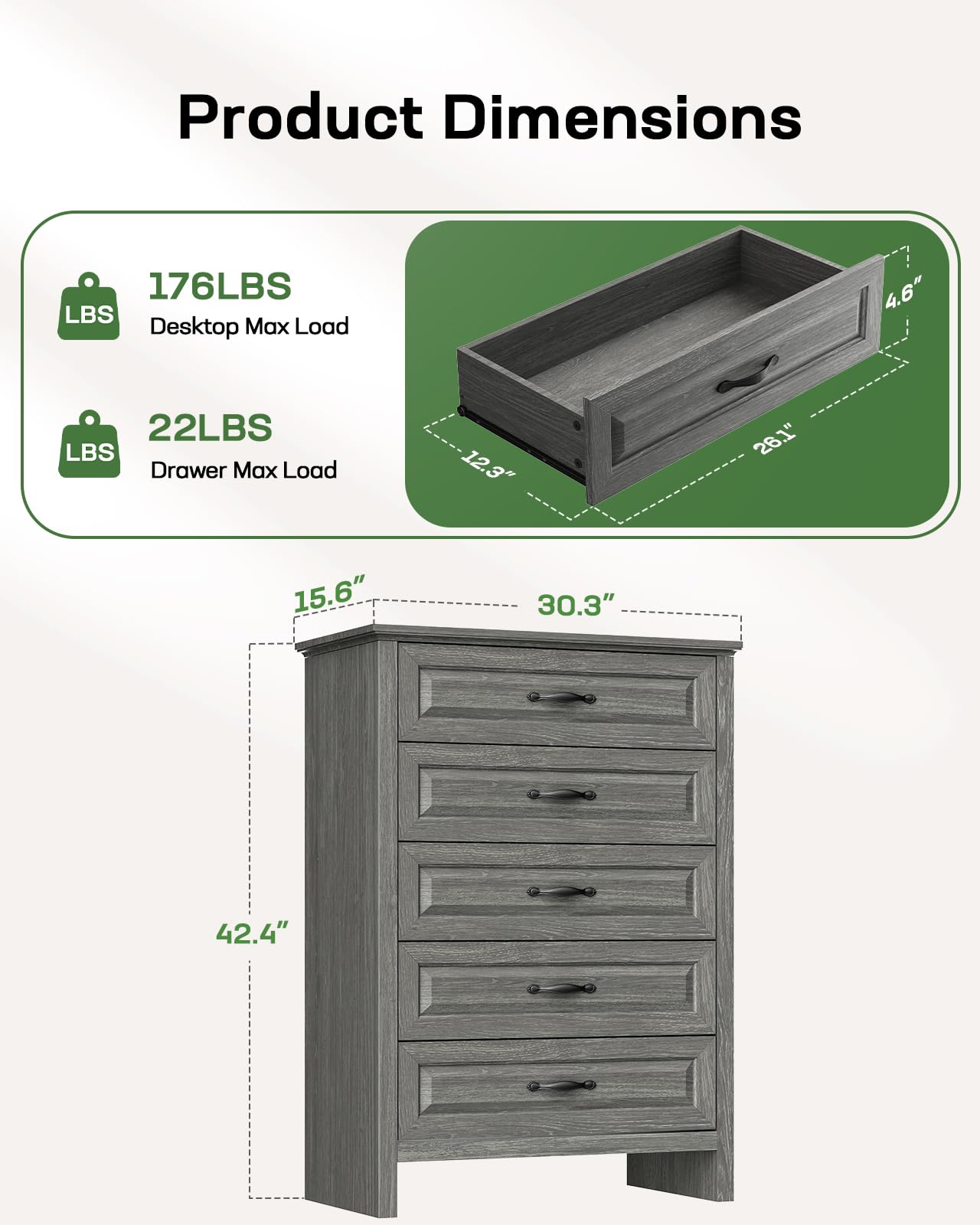 Marsail 5-Drawer Farmhouse Dresser, Solid Wood Storage Space, Sturdy Tall Chest with Smooth Glide Drawers & Anti-Slip Kit, for Bedroom or Hallway, Dark Grey