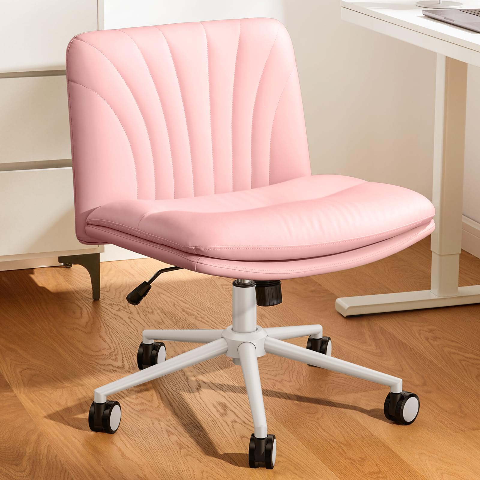 Marsail Armless-Office Desk Chair with Wheels: PU Leather Cross Legged Wide Chair,Comfortable Adjustable Swivel Computer Task Chairs for Home,Office,Make Up,Small Space,Bed Room(Light Beige)