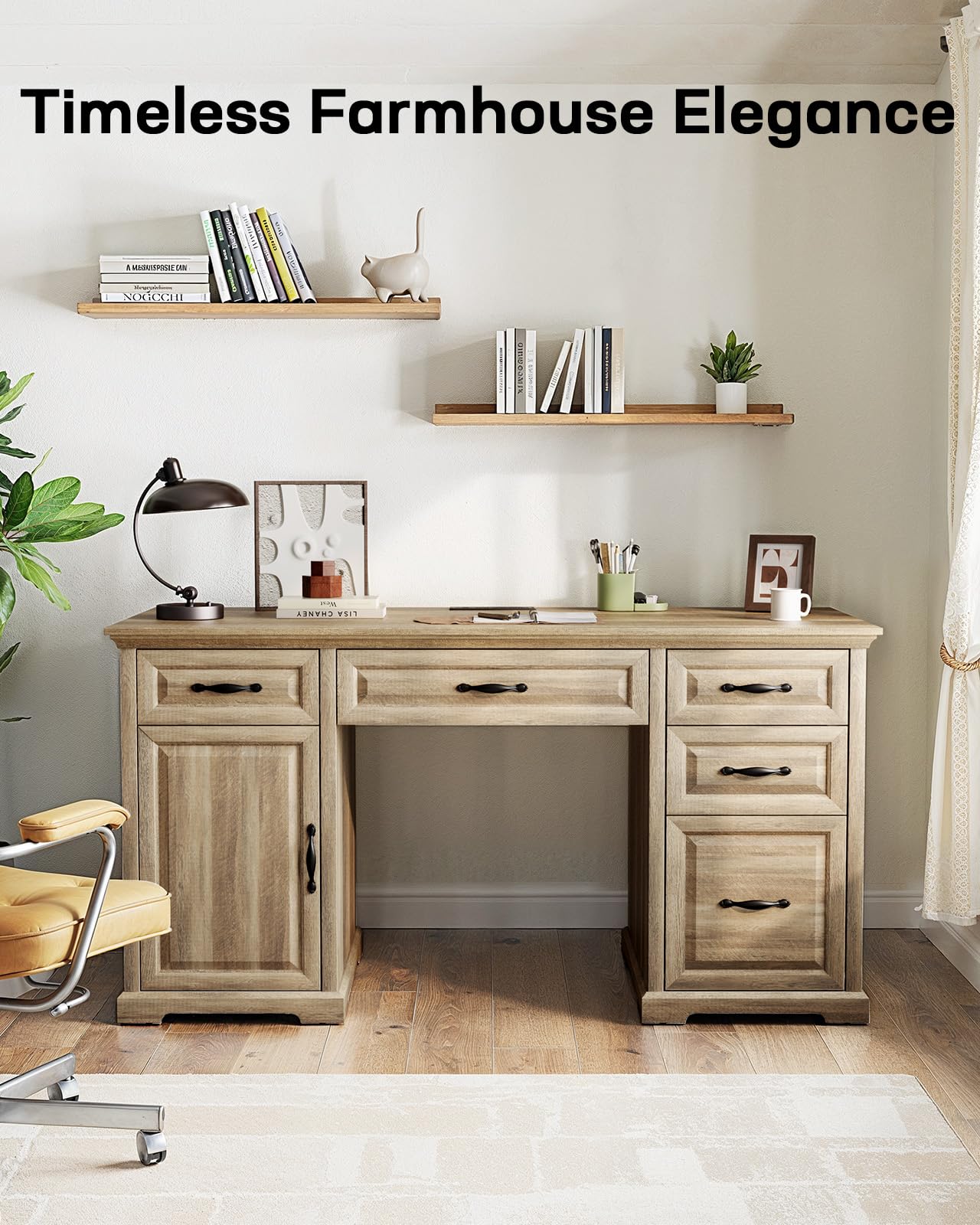 Marsail 60″ Farmhouse Executive Desk, Home Office Desk with Storage Cabinet, Charging Station, Adjustable Shelf, and File Drawer, Rustic Computer Writing Desk for Work & Study, Natural