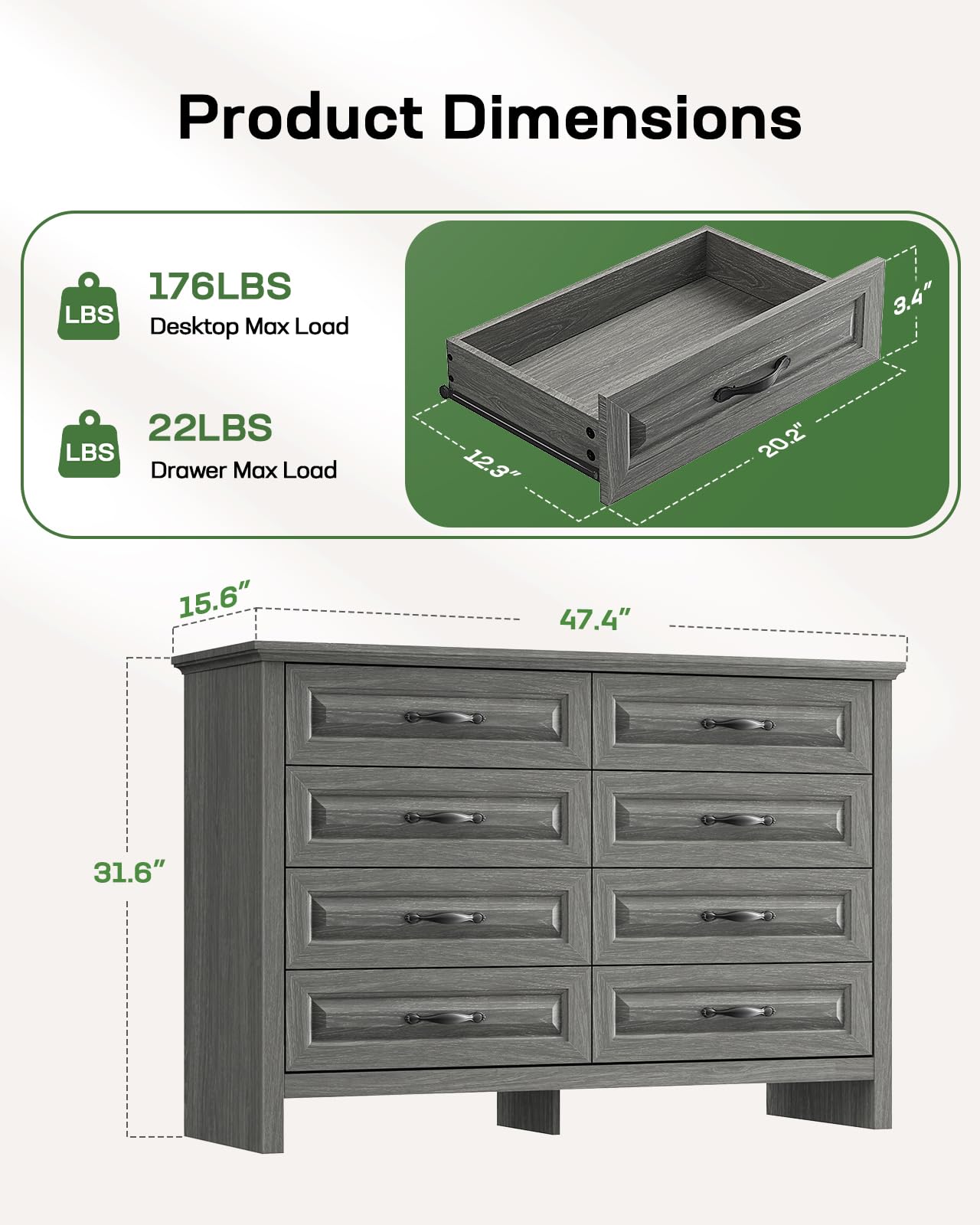 Marsail 8-Drawer Farmhouse Dresser, Solid Wood Storage Space, Sturdy Wide Chest with Smooth Glide Drawers & Anti-Slip Kit, for Bedroom or Hallway, Dark Grey